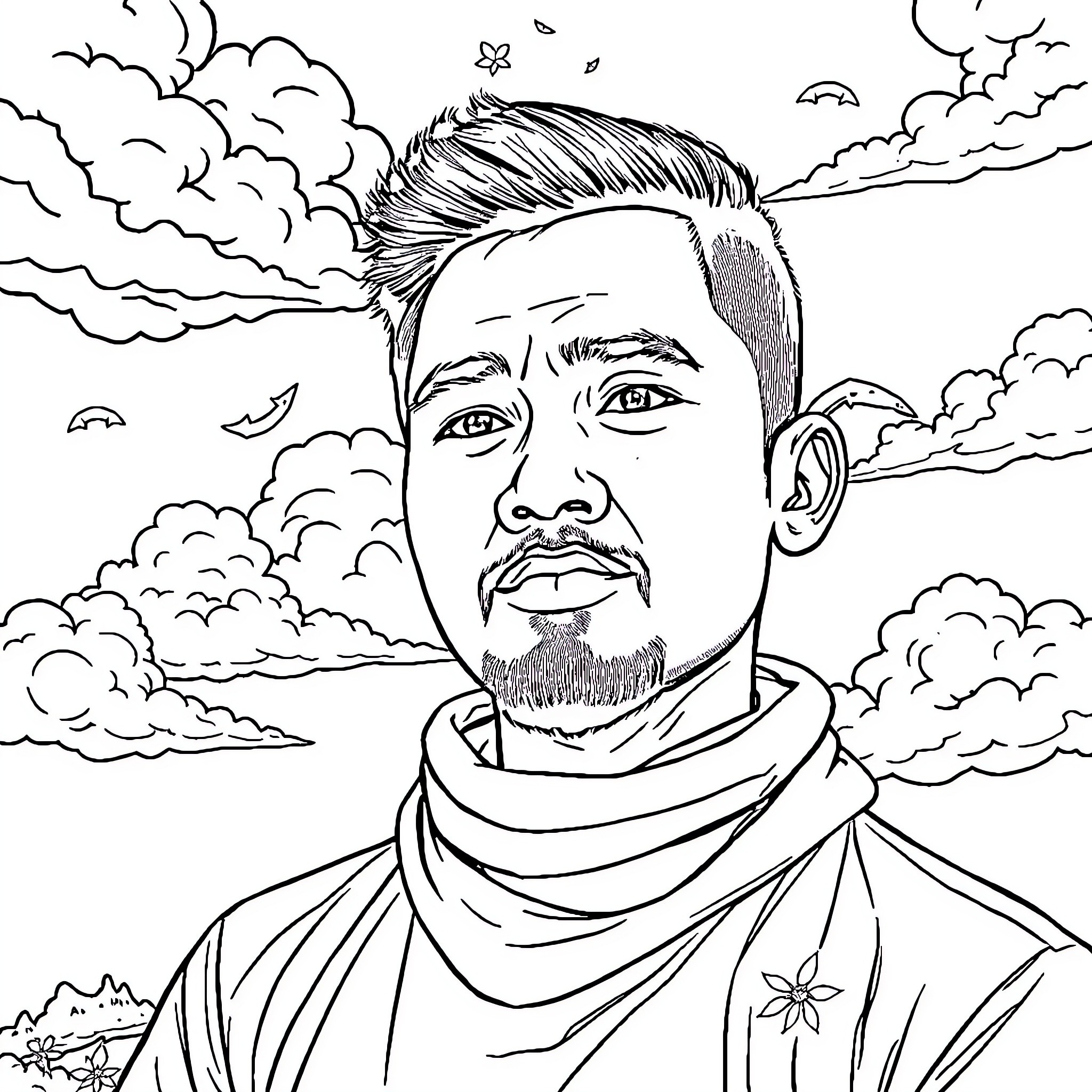 Winged Man Soaring Through Cloudy Skies Coloring Page (free black-and-white line drawing printable PDF for all, from beginners to advanced learners, including children, teens, adults, and seniors)