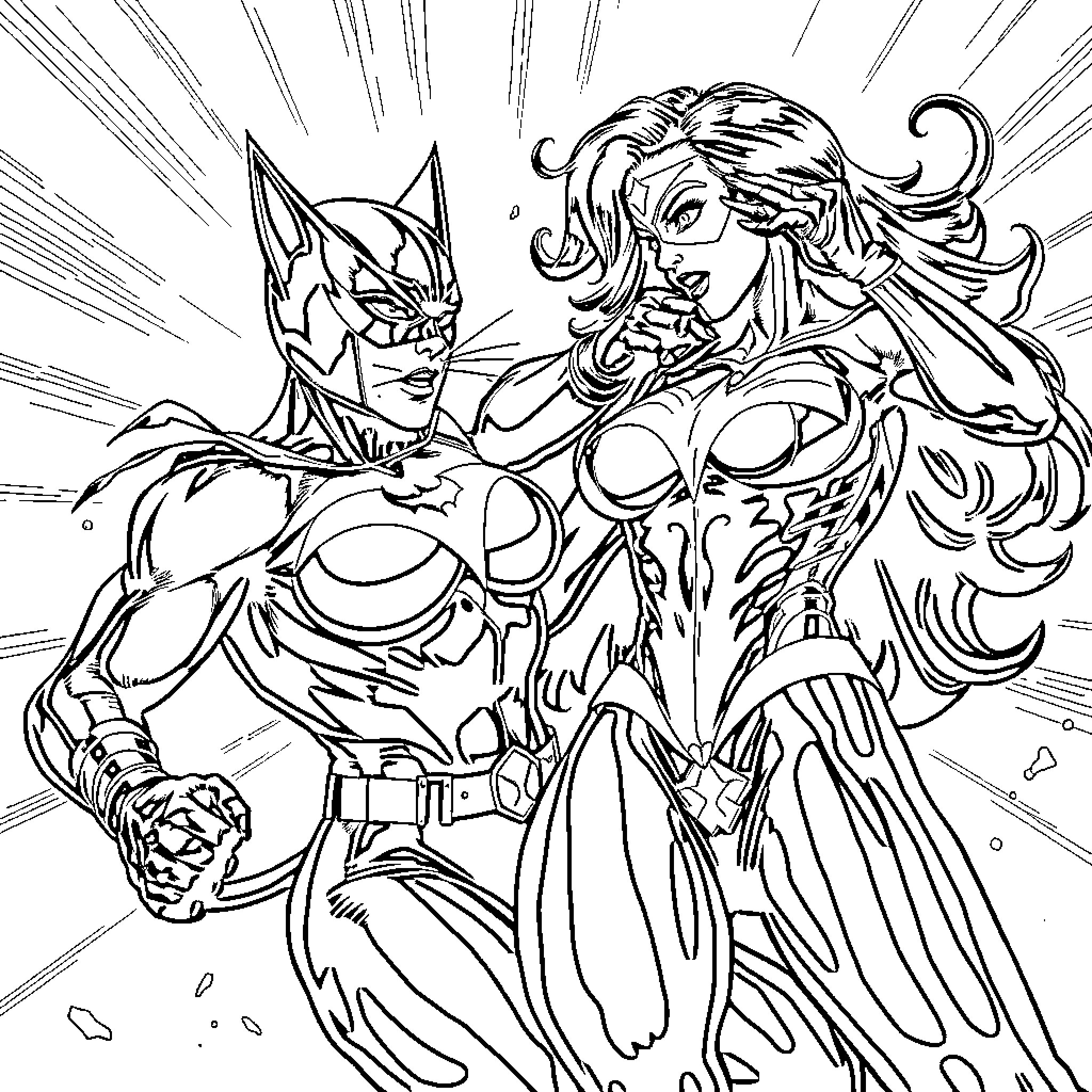 Catwoman and Batman in an intense action scene Coloring Page (free black-and-white line drawing printable PDF for all, from beginners to advanced learners, including children, teens, adults, and seniors)