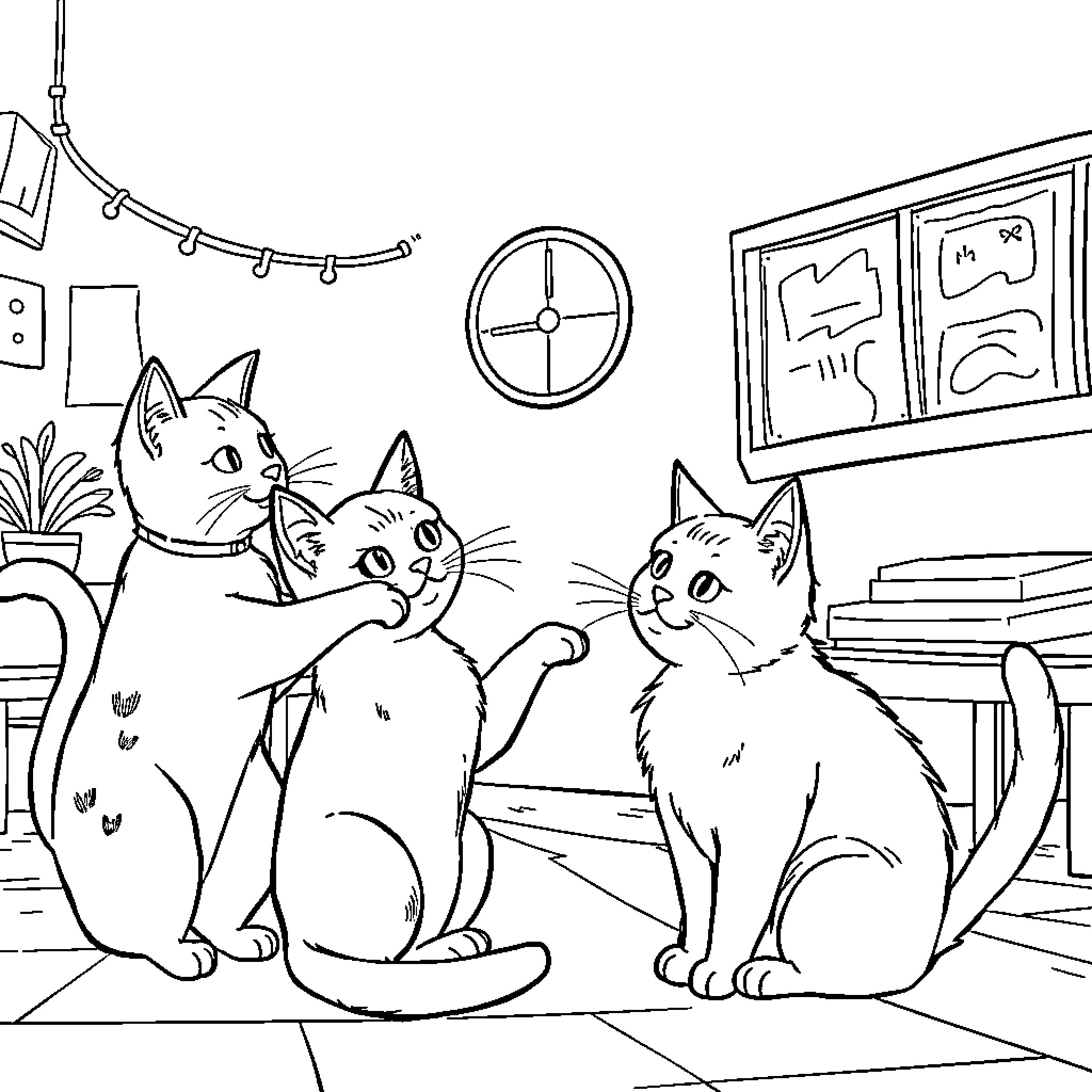 Cats relaxing in cozy indoor scene Coloring Page (free black-and-white line drawing printable PDF for all, from beginners to advanced learners, including children, teens, adults, and seniors)