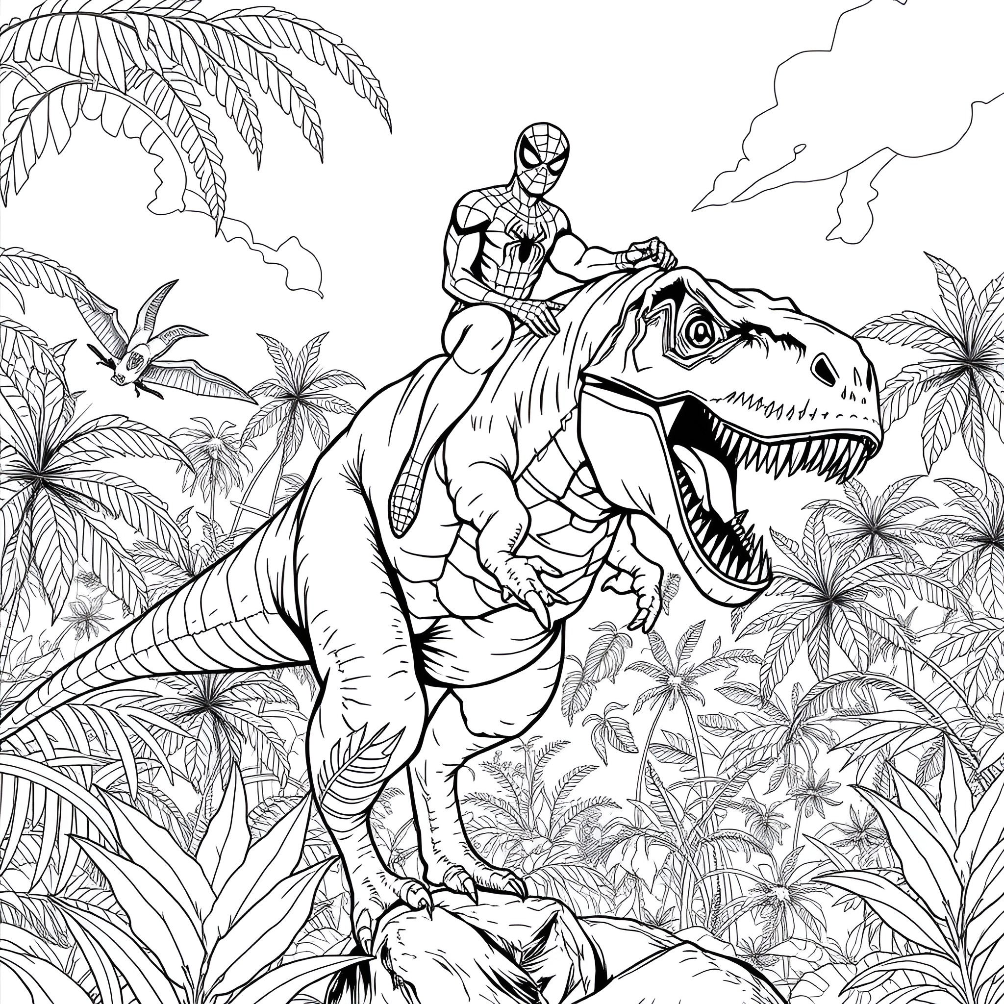 Spiderman riding a Tyrannosaurus Rex in the jungle Coloring Page (free black-and-white line drawing printable PDF for all, from beginners to advanced learners, including children, teens, adults, and seniors)
