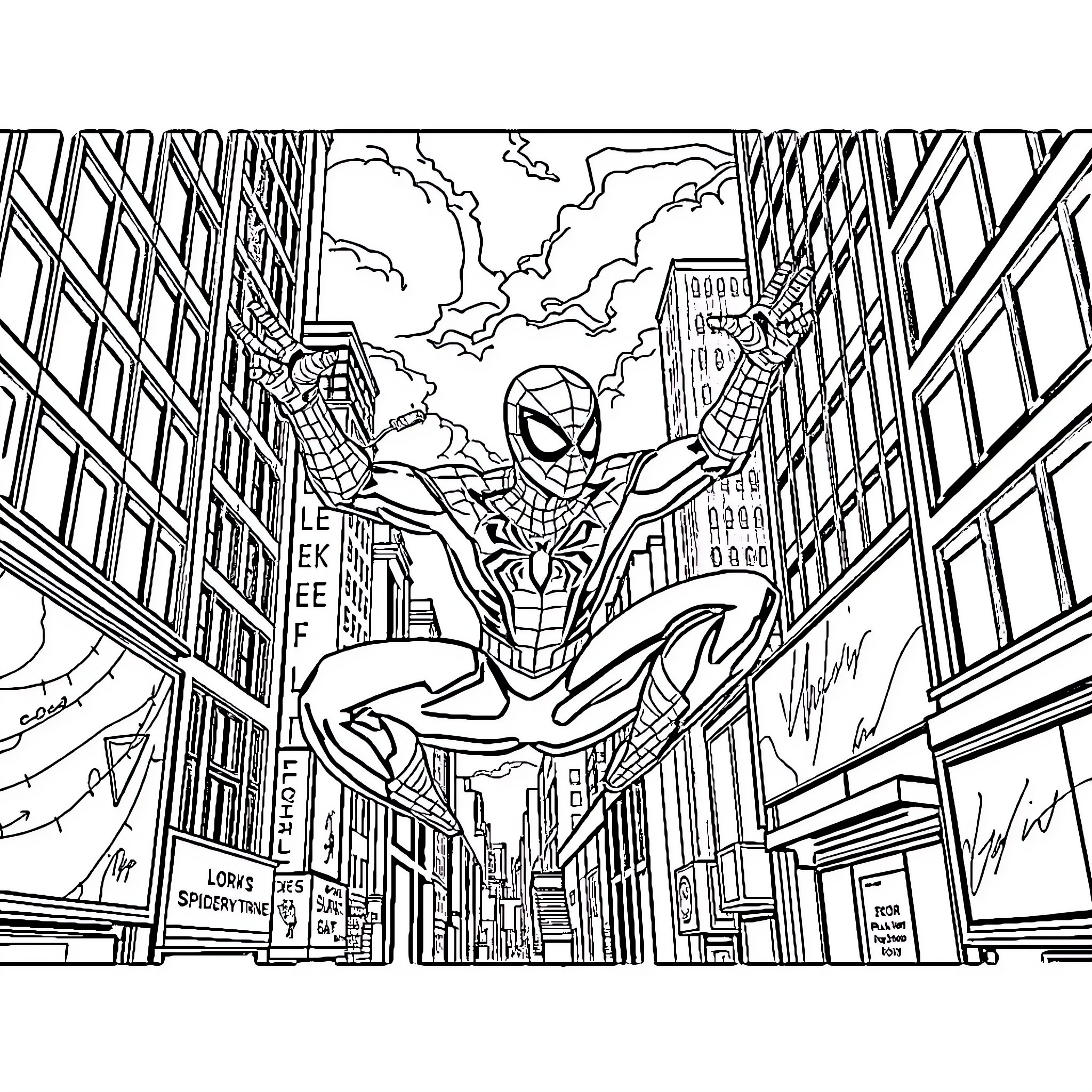 Spiderman swinging through the city streets Coloring Page (free black-and-white line drawing printable PDF for all, from beginners to advanced learners, including children, teens, adults, and seniors)