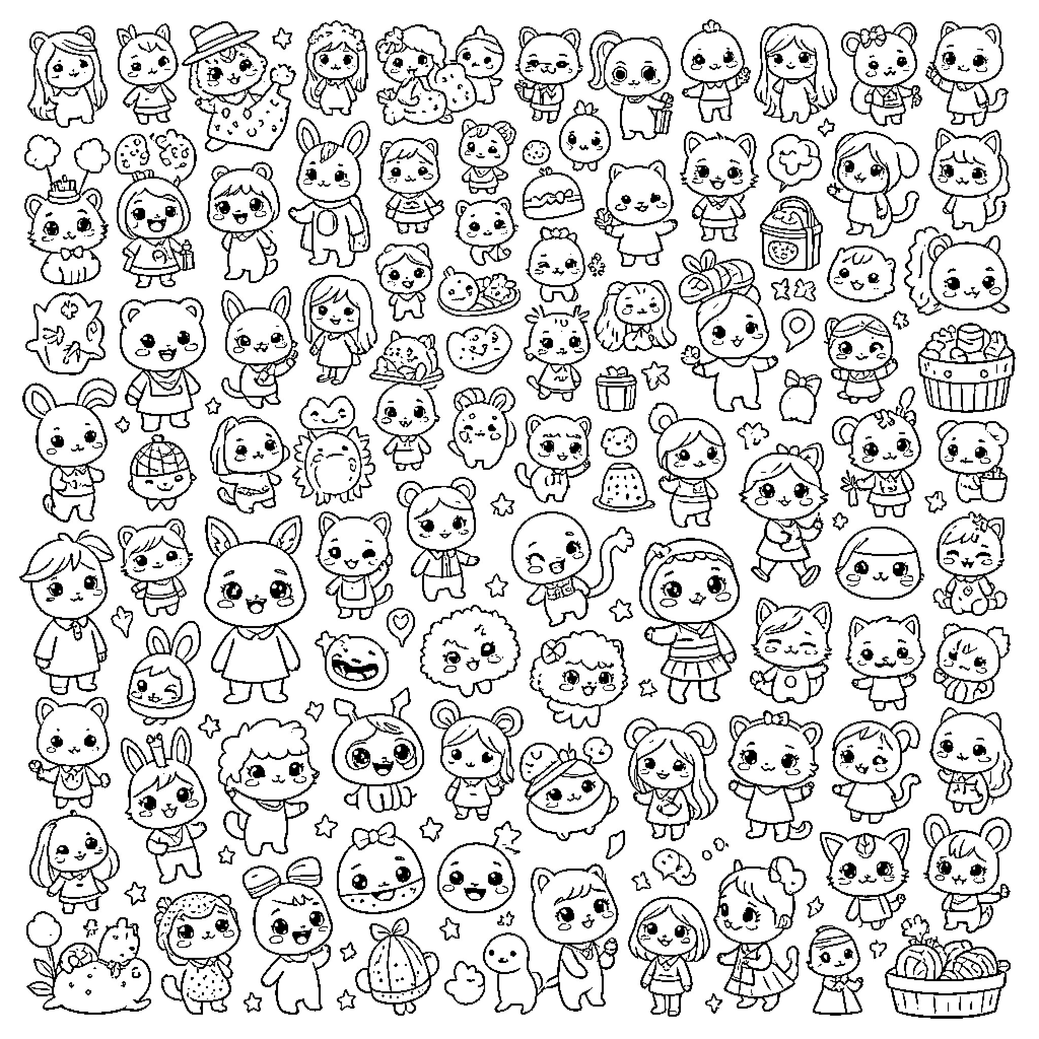 Kawaii characters with various cute expressions and outfits Coloring Page (free black-and-white line drawing printable PDF for all, from beginners to advanced learners, including children, teens, adults, and seniors)
