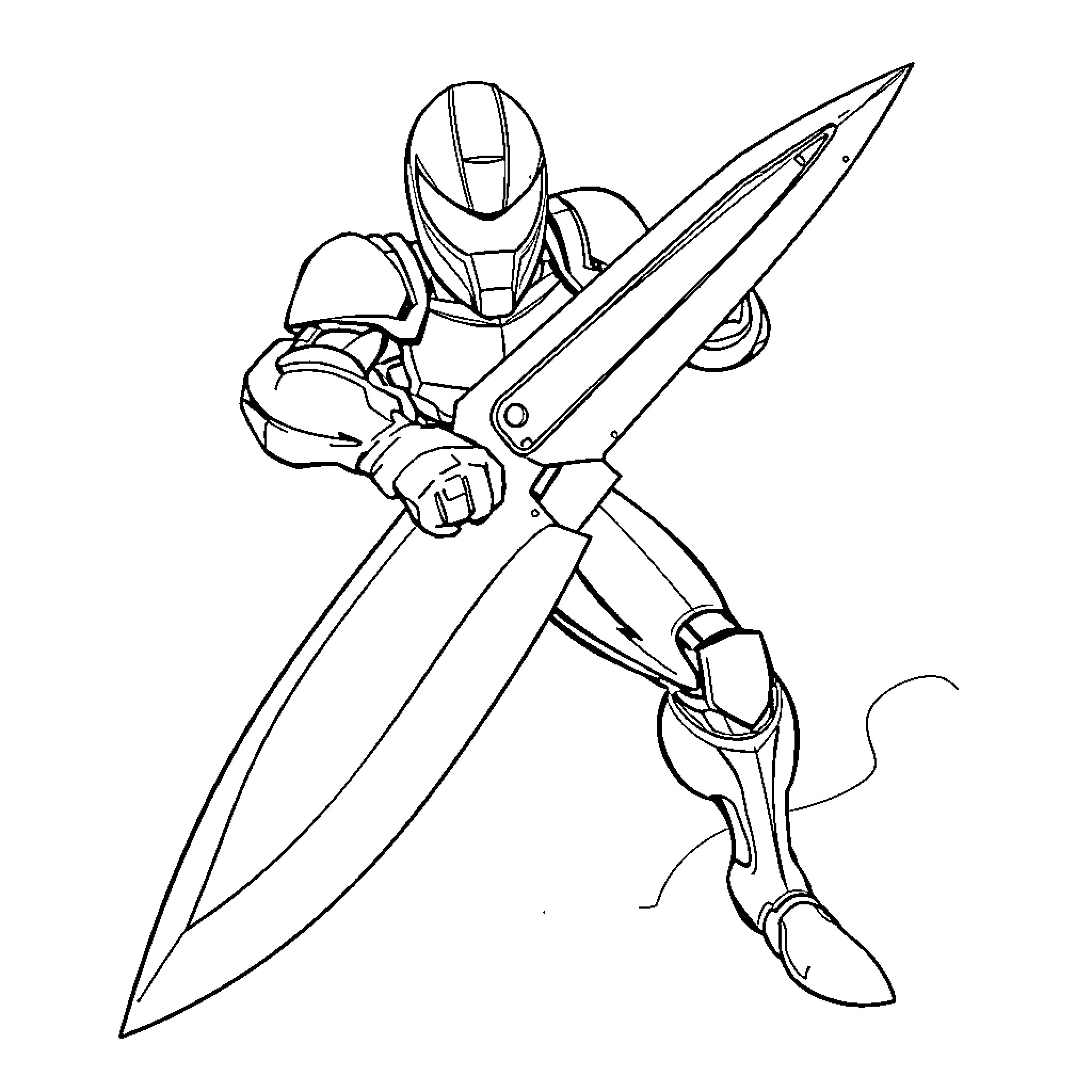 D-Blade wielding a large sword in battle stance Coloring Page (free black-and-white line drawing printable PDF for all, from beginners to advanced learners, including children, teens, adults, and seniors)