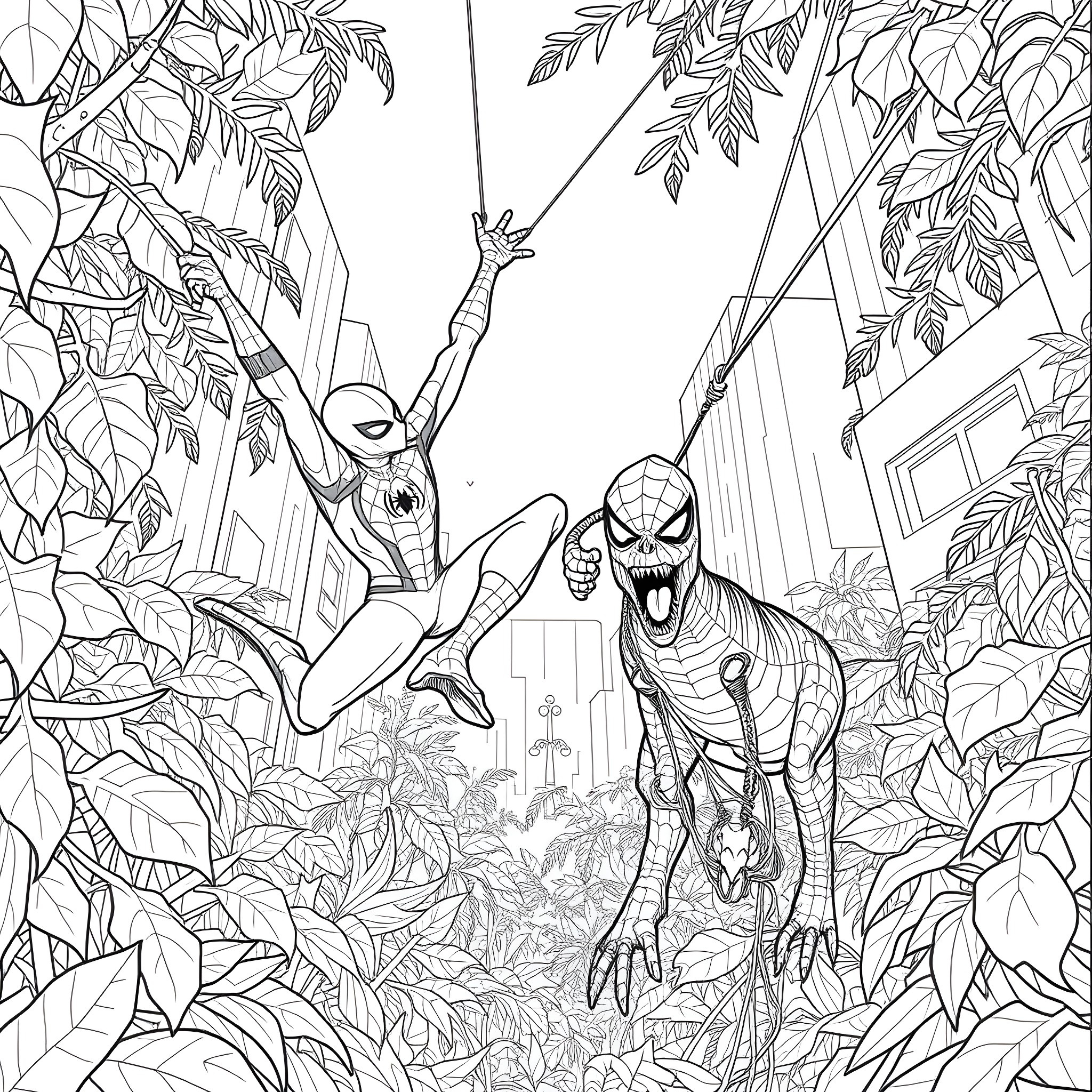 Spiderman swinging through the jungle with villains Coloring Page (free black-and-white line drawing printable PDF for all, from beginners to advanced learners, including children, teens, adults, and seniors)