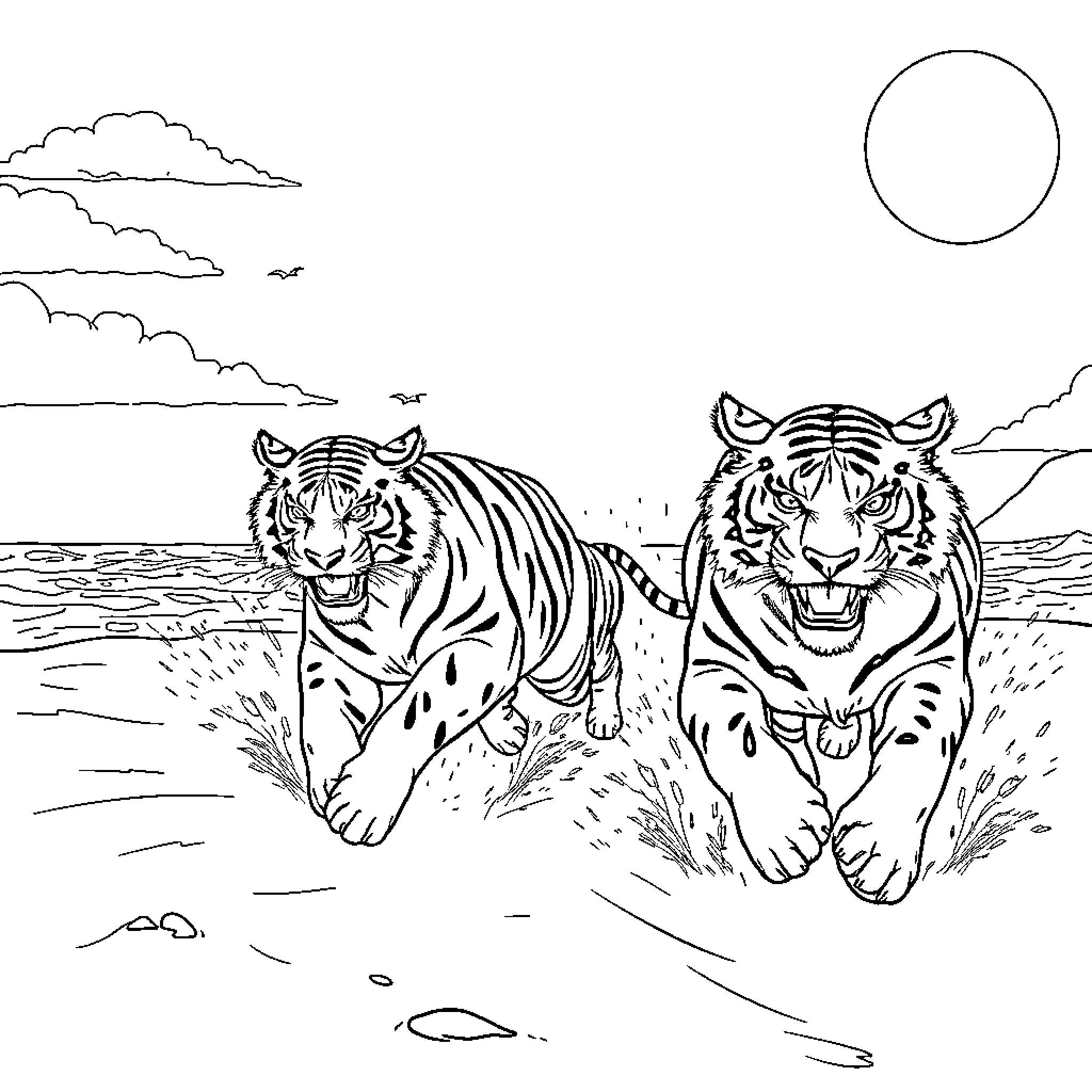 Tiger duo roaming the serene landscape Coloring Page (free black-and-white line drawing printable PDF for all, from beginners to advanced learners, including children, teens, adults, and seniors)