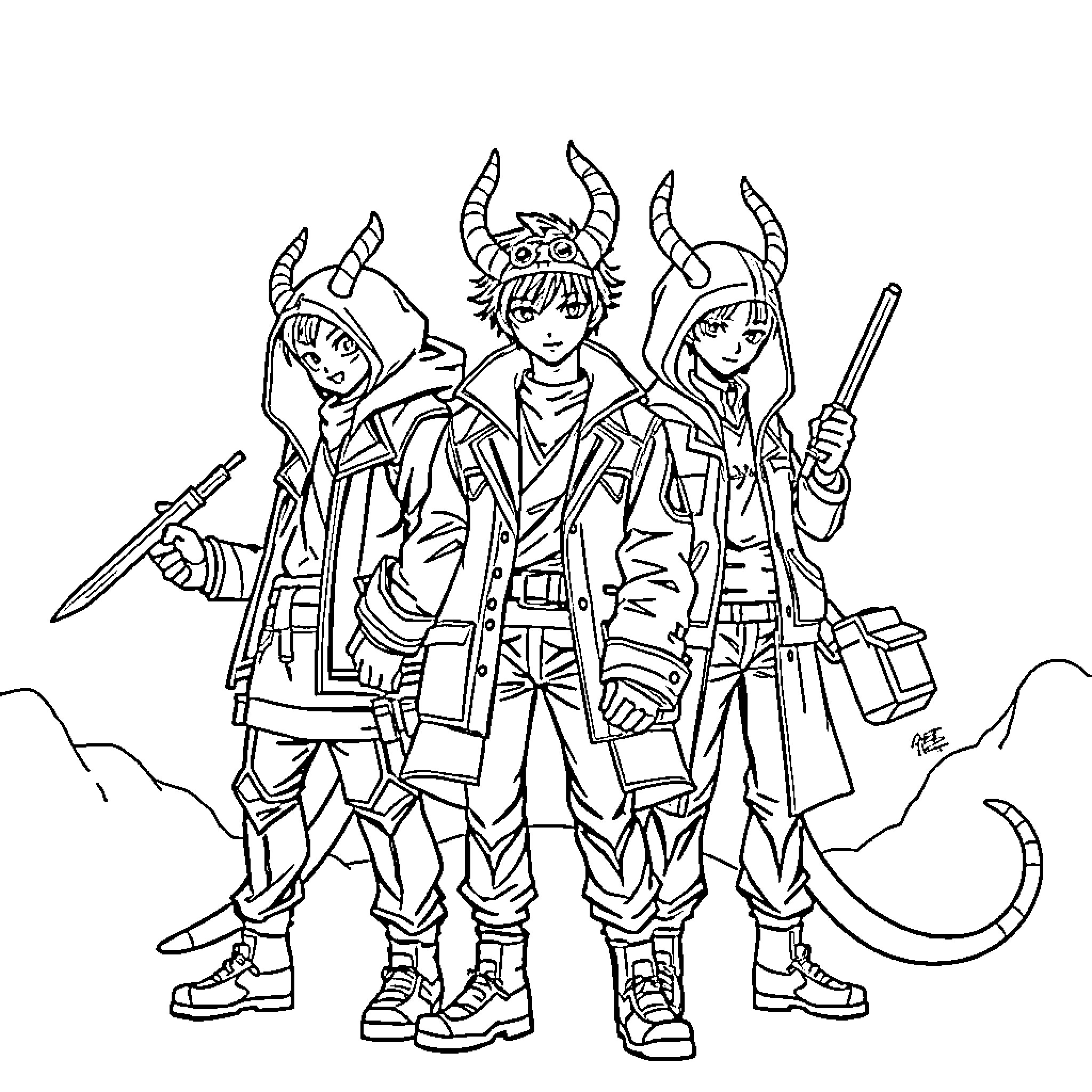 Saja's Adventurous Trio Coloring Page (free black-and-white line drawing printable PDF for all, from beginners to advanced learners, including children, teens, adults, and seniors)