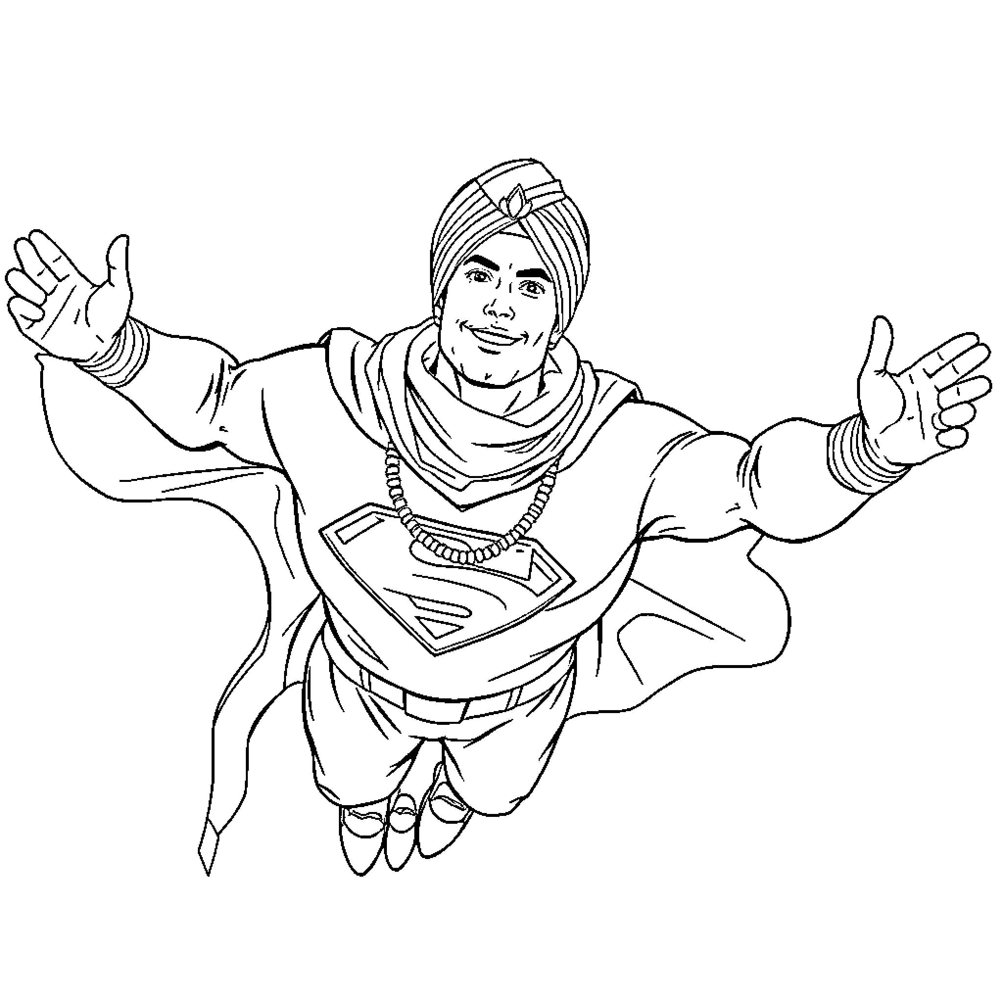 Superman in flight with heroic pose Coloring Page (free black-and-white line drawing printable PDF for all, from beginners to advanced learners, including children, teens, adults, and seniors)