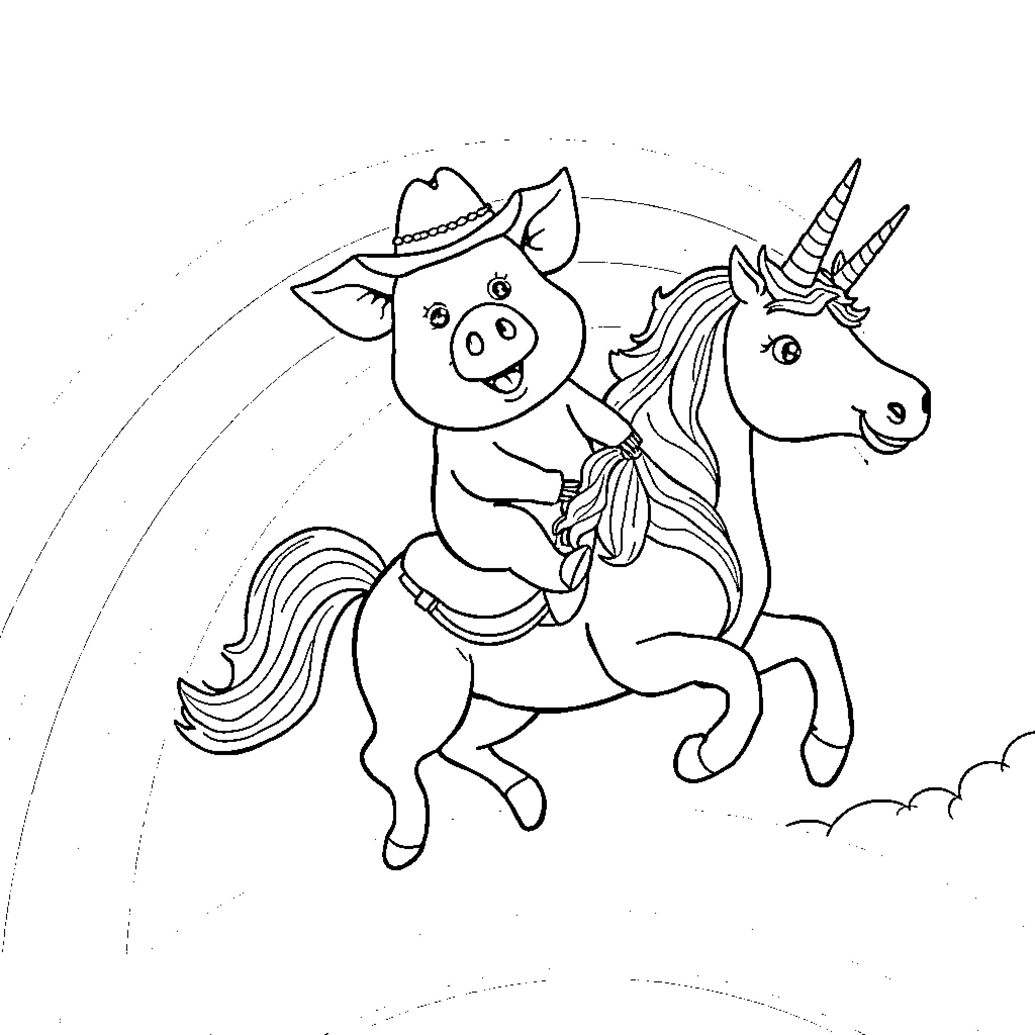 Pig riding a unicorn in the sky Coloring Page (free black-and-white line drawing printable PDF for all, from beginners to advanced learners, including children, teens, adults, and seniors)