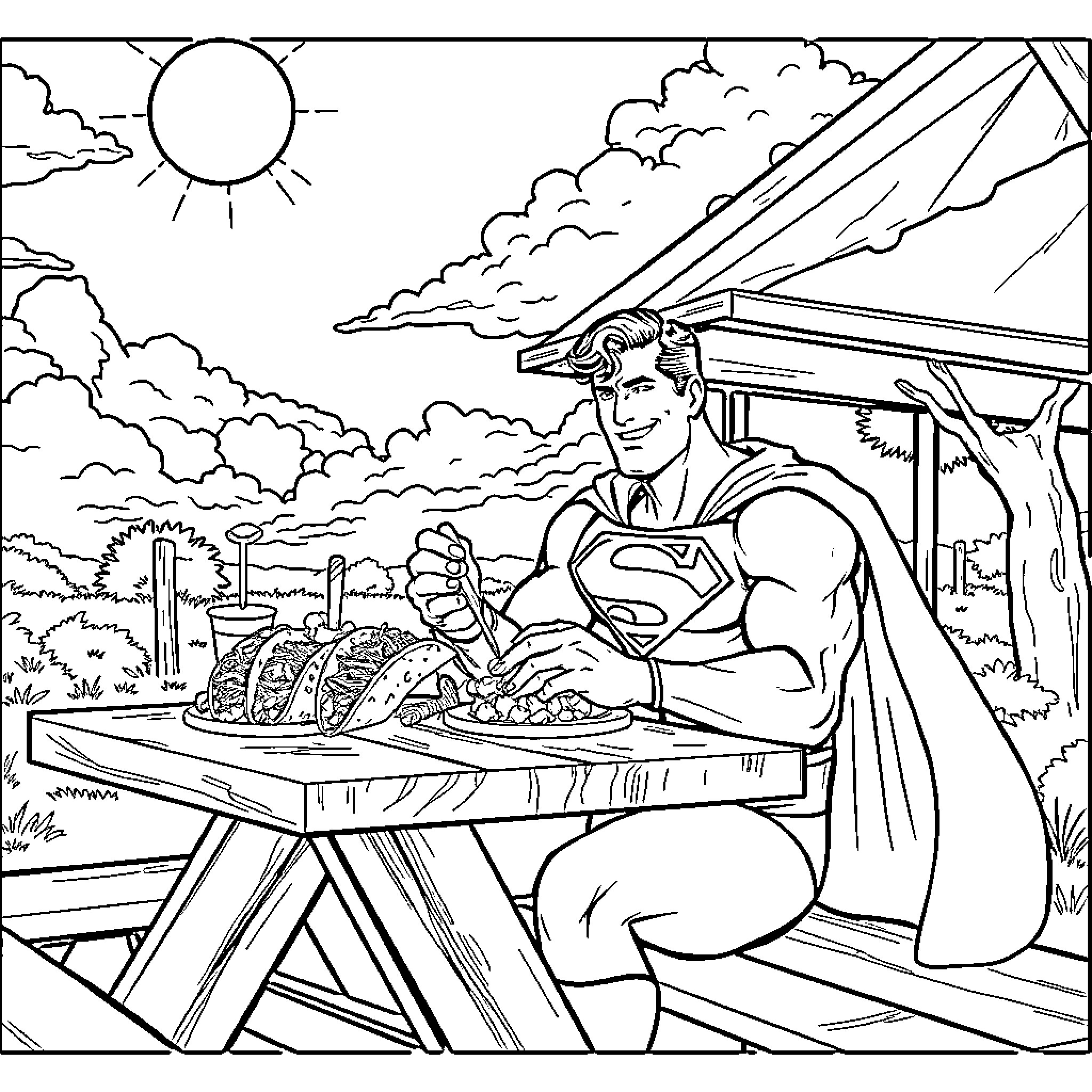 Superman enjoying a meal outdoors in nature Coloring Page (free black-and-white line drawing printable PDF for all, from beginners to advanced learners, including children, teens, adults, and seniors)