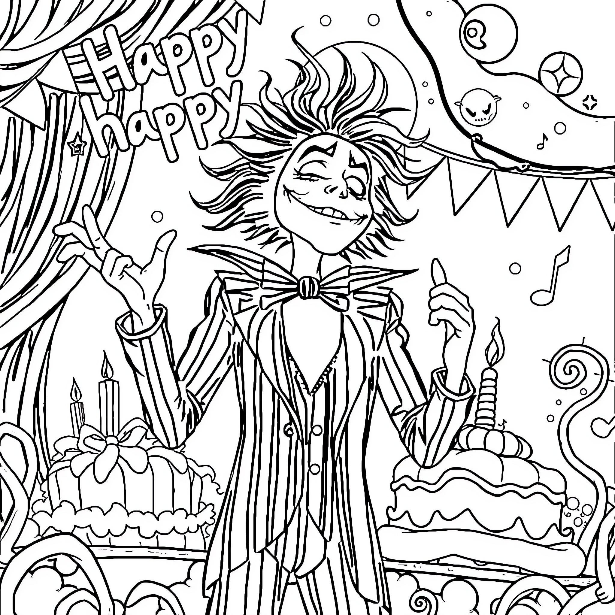 Beetlejuice's Whimsical Happy Birthday Celebration Coloring Page (free black-and-white line drawing printable PDF for all, from beginners to advanced learners, including children, teens, adults, and seniors)