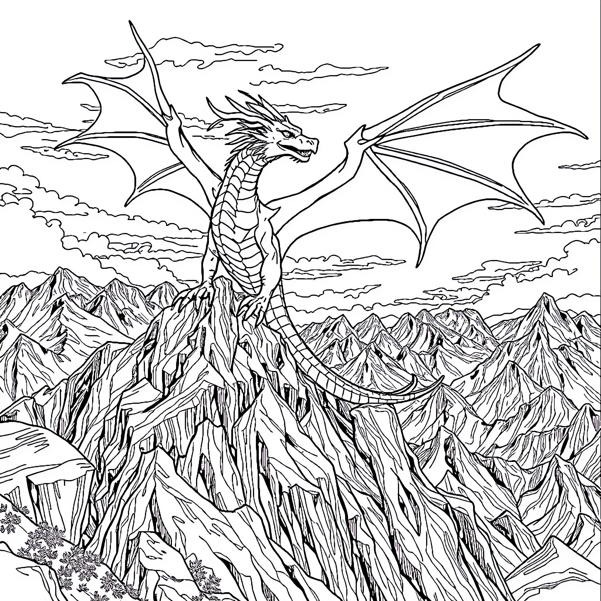 Dragon soaring over majestic mountain peaks Coloring Page (free black-and-white line drawing printable PDF for all, from beginners to advanced learners, including children, teens, adults, and seniors)