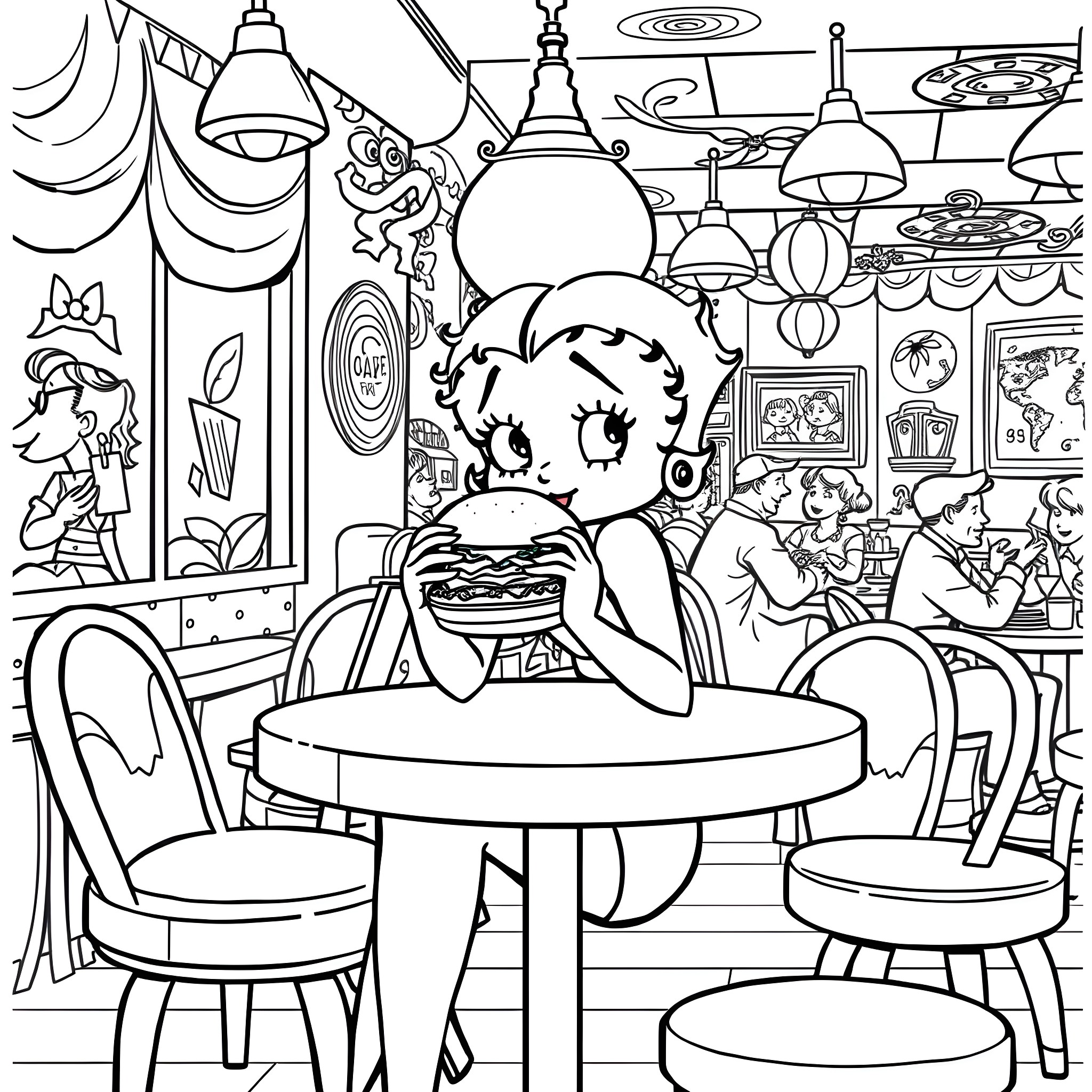 Betty Boop enjoying a delightful meal at a cafe Coloring Page (free black-and-white line drawing printable PDF for all, from beginners to advanced learners, including children, teens, adults, and seniors)