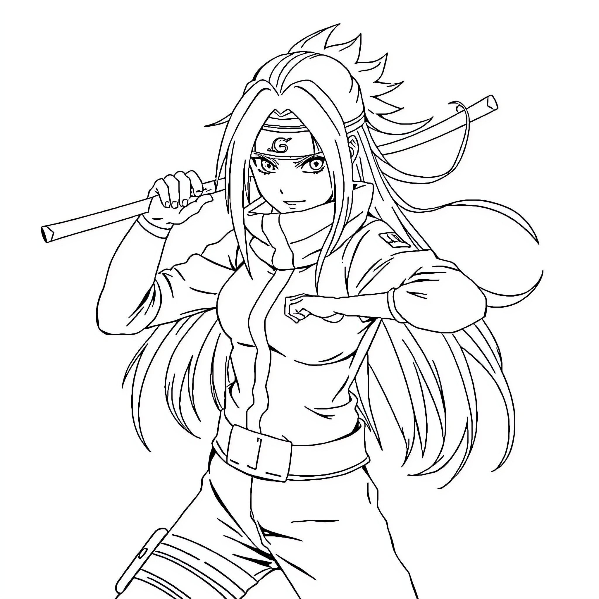 Naruto character wielding kunai in action pose Coloring Page (free black-and-white line drawing printable PDF for all, from beginners to advanced learners, including children, teens, adults, and seniors)