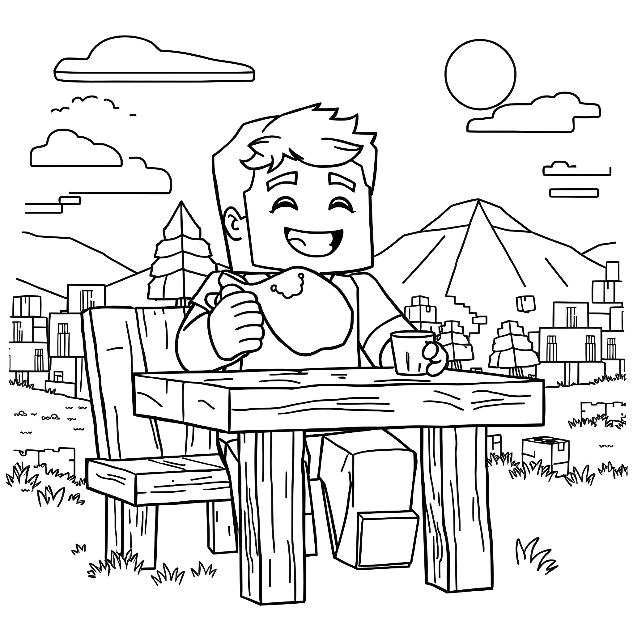 Steve drawing happily in the park Coloring Page (free black-and-white line drawing printable PDF for all, from beginners to advanced learners, including children, teens, adults, and seniors)