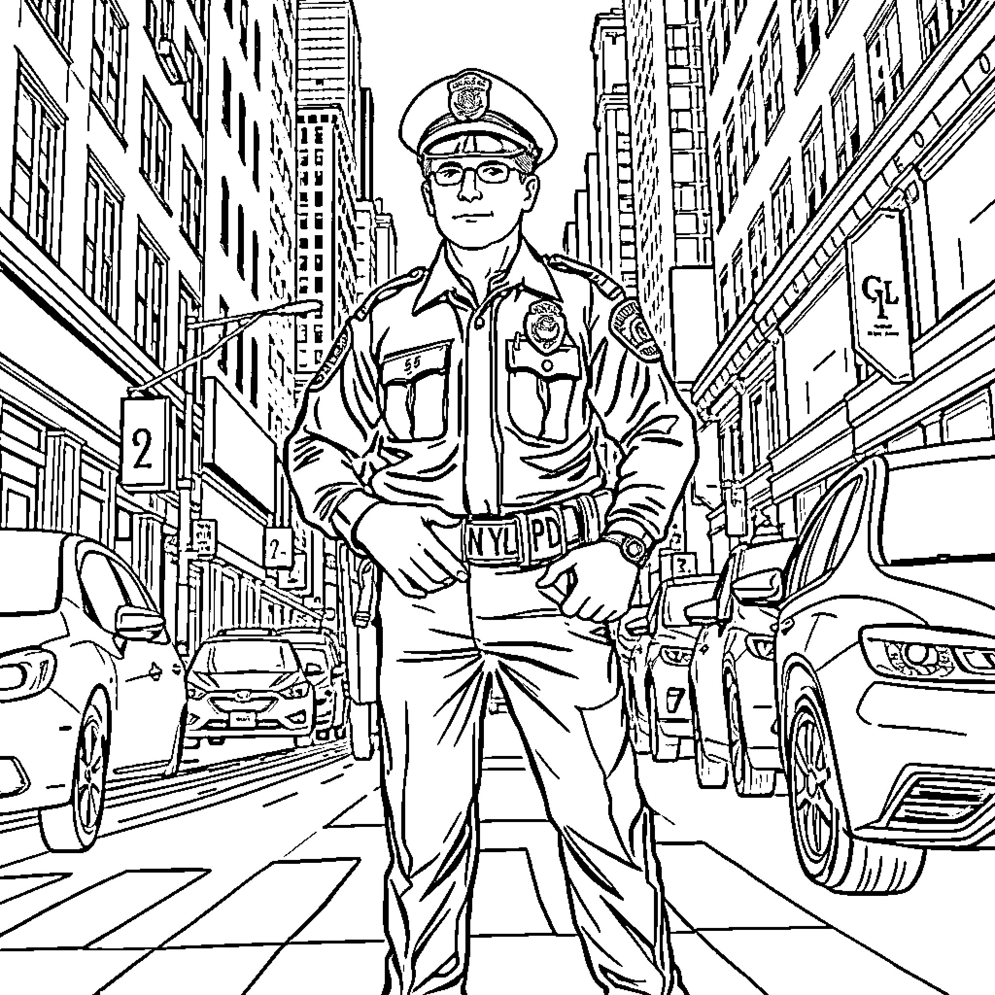 Cop directing traffic in a busy city street Coloring Page (free black-and-white line drawing printable PDF for all, from beginners to advanced learners, including children, teens, adults, and seniors)