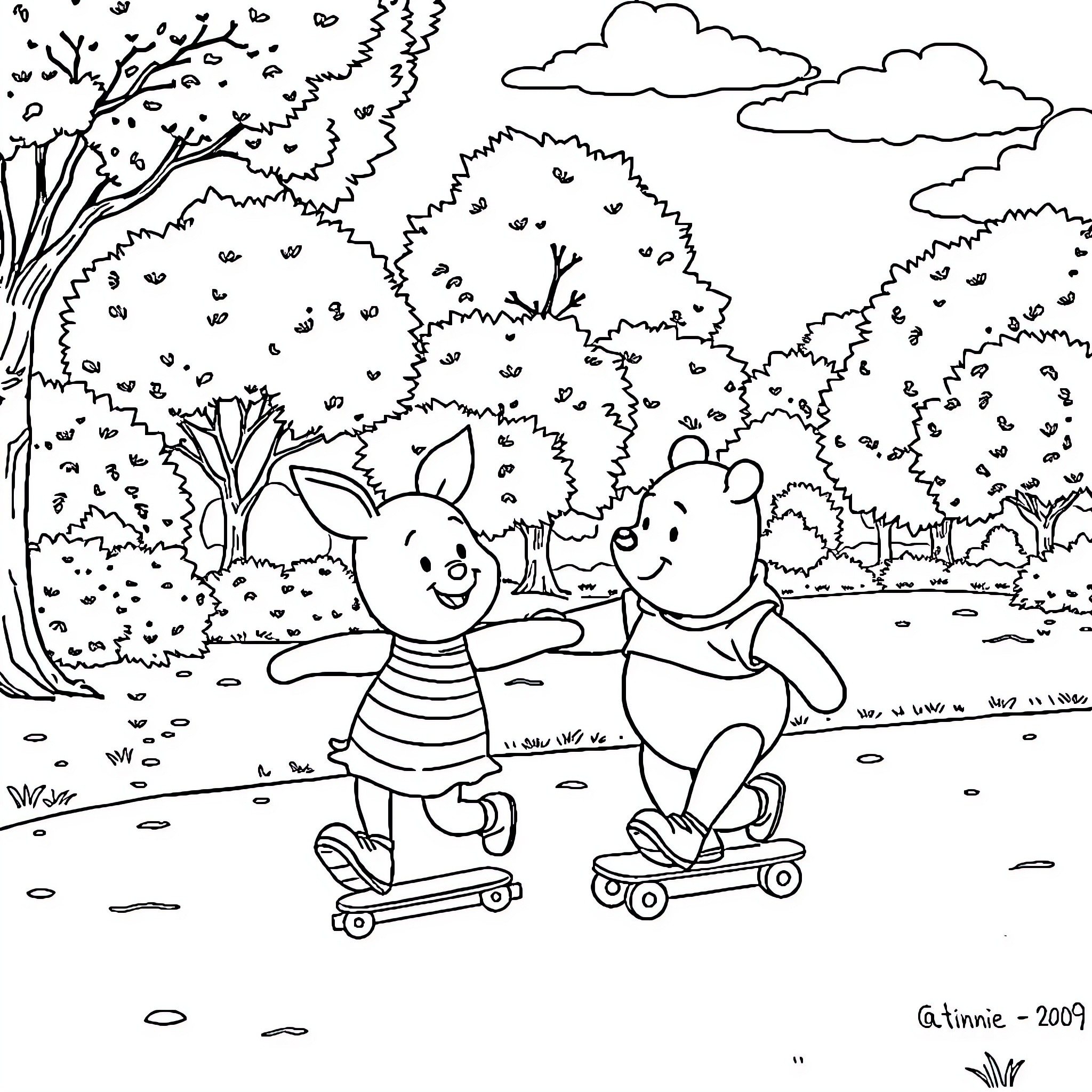 Winnie The Pooh and Friends Enjoying Outdoor Adventure Coloring Page (free black-and-white line drawing printable PDF for all, from beginners to advanced learners, including children, teens, adults, and seniors)