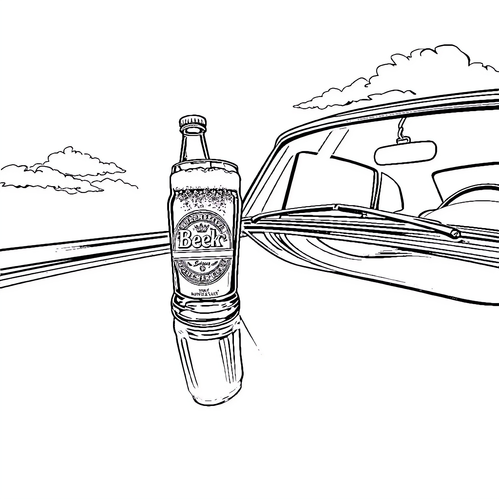 Beer bottle on road trip with vintage car Coloring Page (free black-and-white line drawing printable PDF for all, from beginners to advanced learners, including children, teens, adults, and seniors)