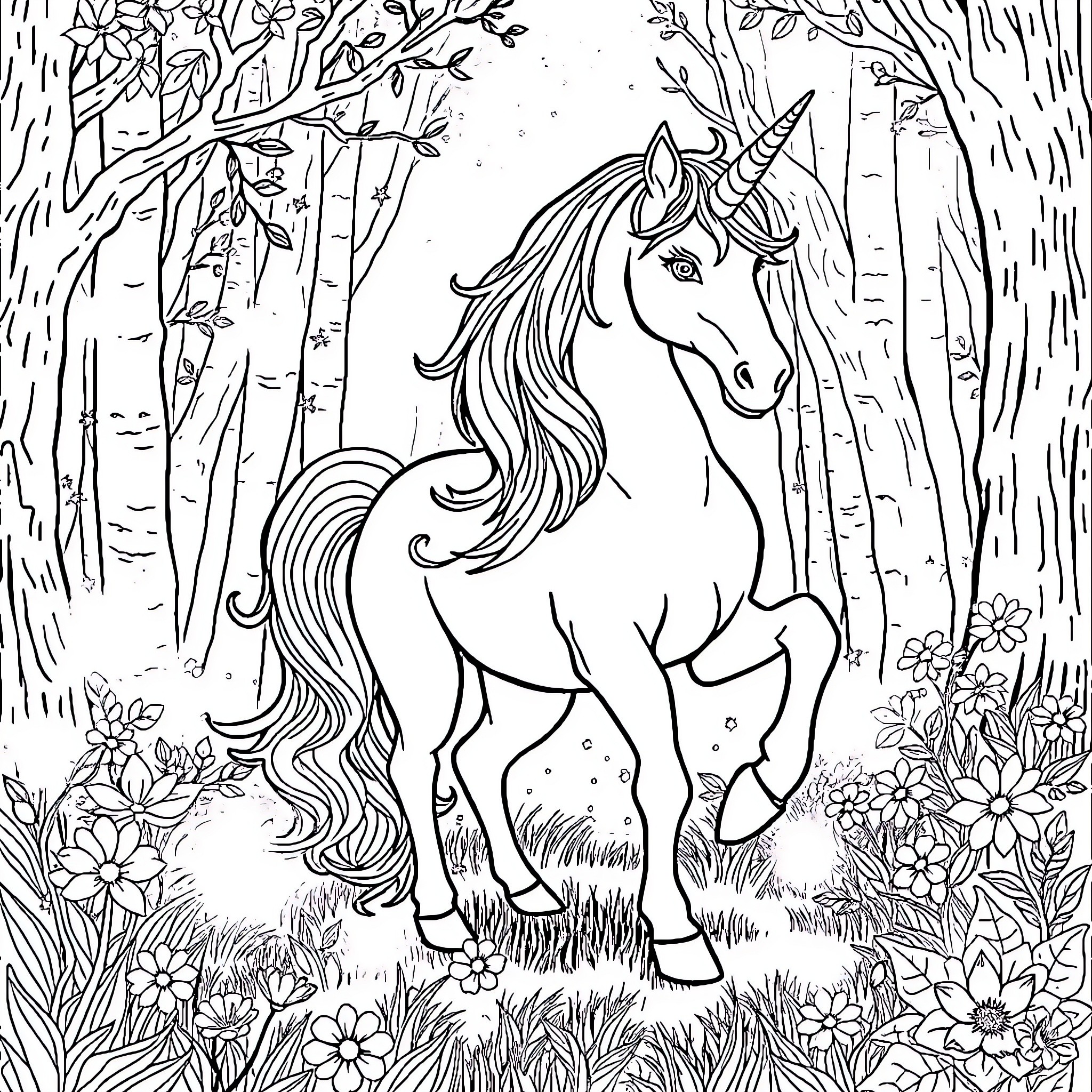 Unicorn prancing in enchanted forest Coloring Page (free black-and-white line drawing printable PDF for all, from beginners to advanced learners, including children, teens, adults, and seniors)