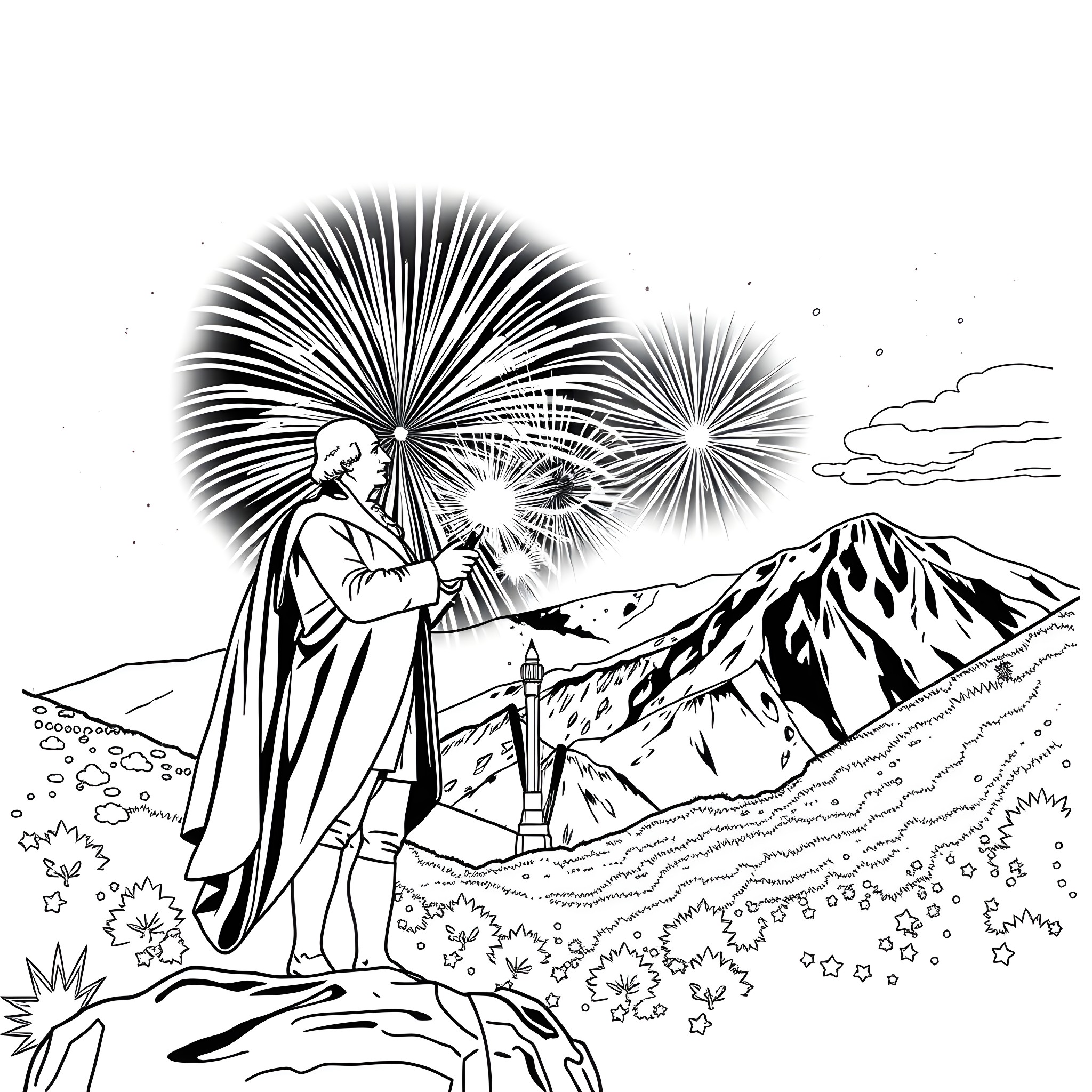 George Washington Overlooking Snowy Mountains with Fireworks Coloring Page (free black-and-white line drawing printable PDF for all, from beginners to advanced learners, including children, teens, adults, and seniors)