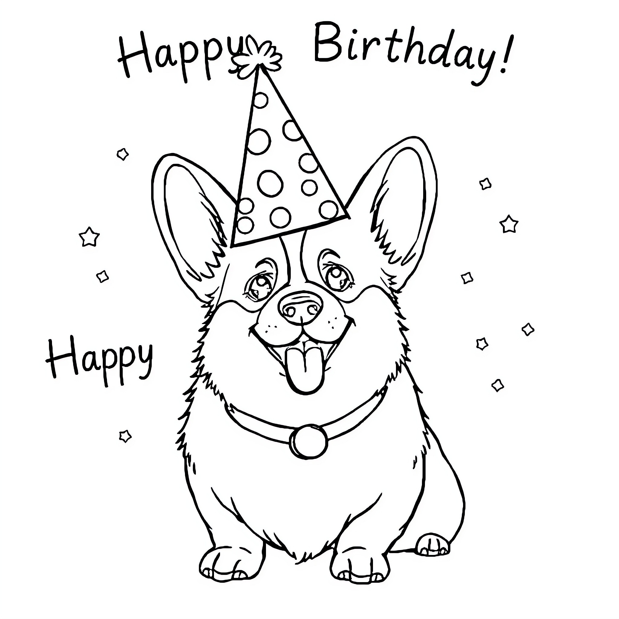 Corgi celebrating a happy birthday Coloring Page (free black-and-white line drawing printable PDF for all, from beginners to advanced learners, including children, teens, adults, and seniors)