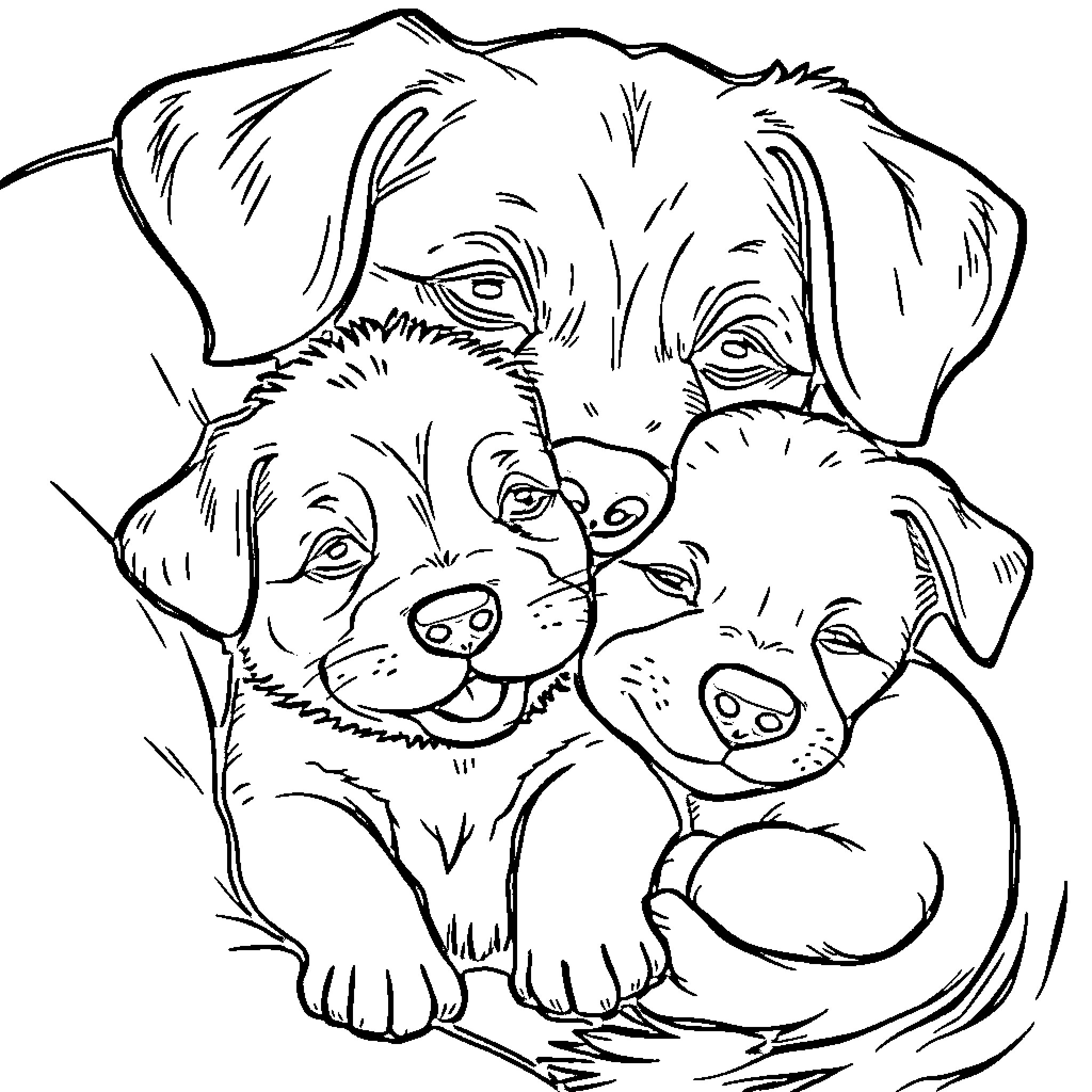 Puppy companions snuggling affectionately Coloring Page (free black-and-white line drawing printable PDF for all, from beginners to advanced learners, including children, teens, adults, and seniors)