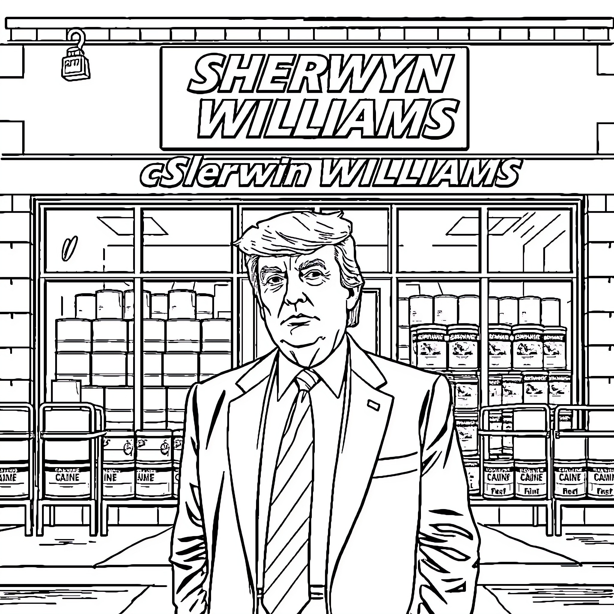 Donald Trump at Sherwin Williams store Coloring Page (free black-and-white line drawing printable PDF for all, from beginners to advanced learners, including children, teens, adults, and seniors)