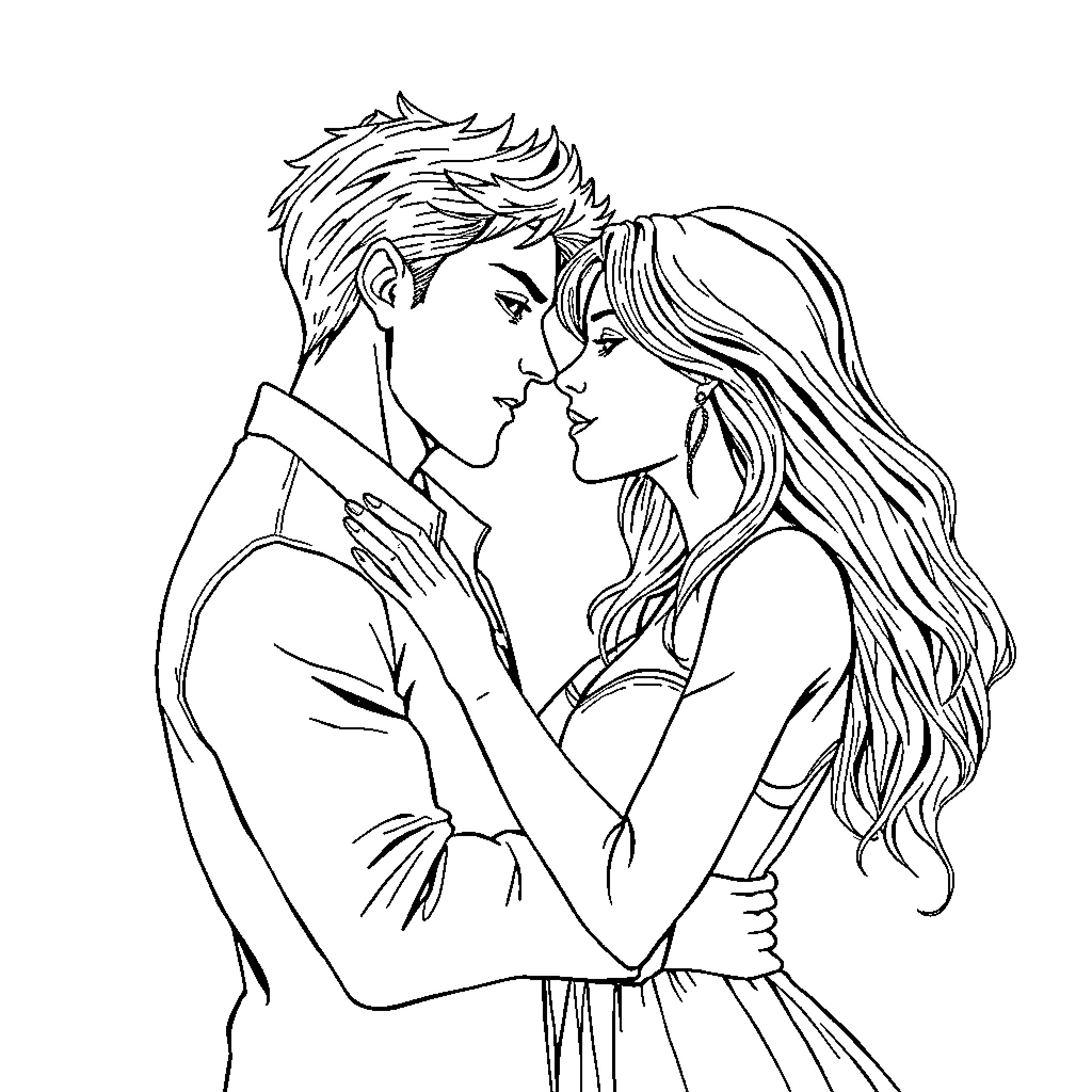 Adult Couple in Intimate Embrace Coloring Page (free black-and-white line drawing printable PDF for all, from beginners to advanced learners, including children, teens, adults, and seniors)