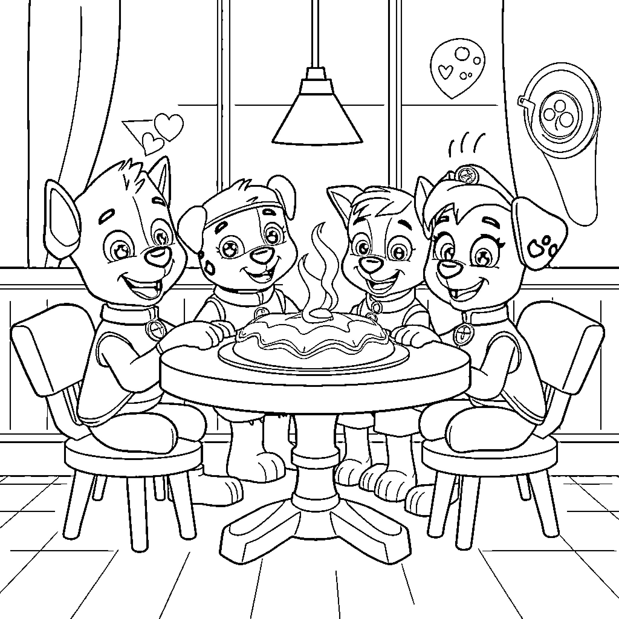 Paw Patrol Puppies Celebrate with Cake Coloring Page (free black-and-white line drawing printable PDF for all, from beginners to advanced learners, including children, teens, adults, and seniors)