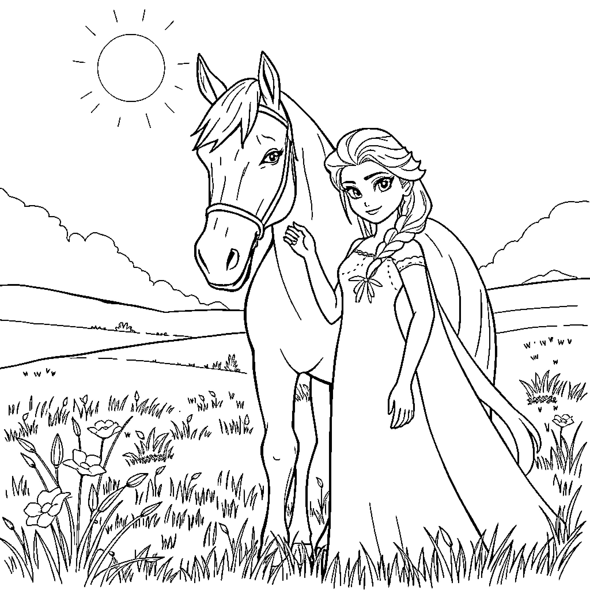 Elsa's Peaceful Outing with Her Horse Companion Coloring Page (free black-and-white line drawing printable PDF for all, from beginners to advanced learners, including children, teens, adults, and seniors)