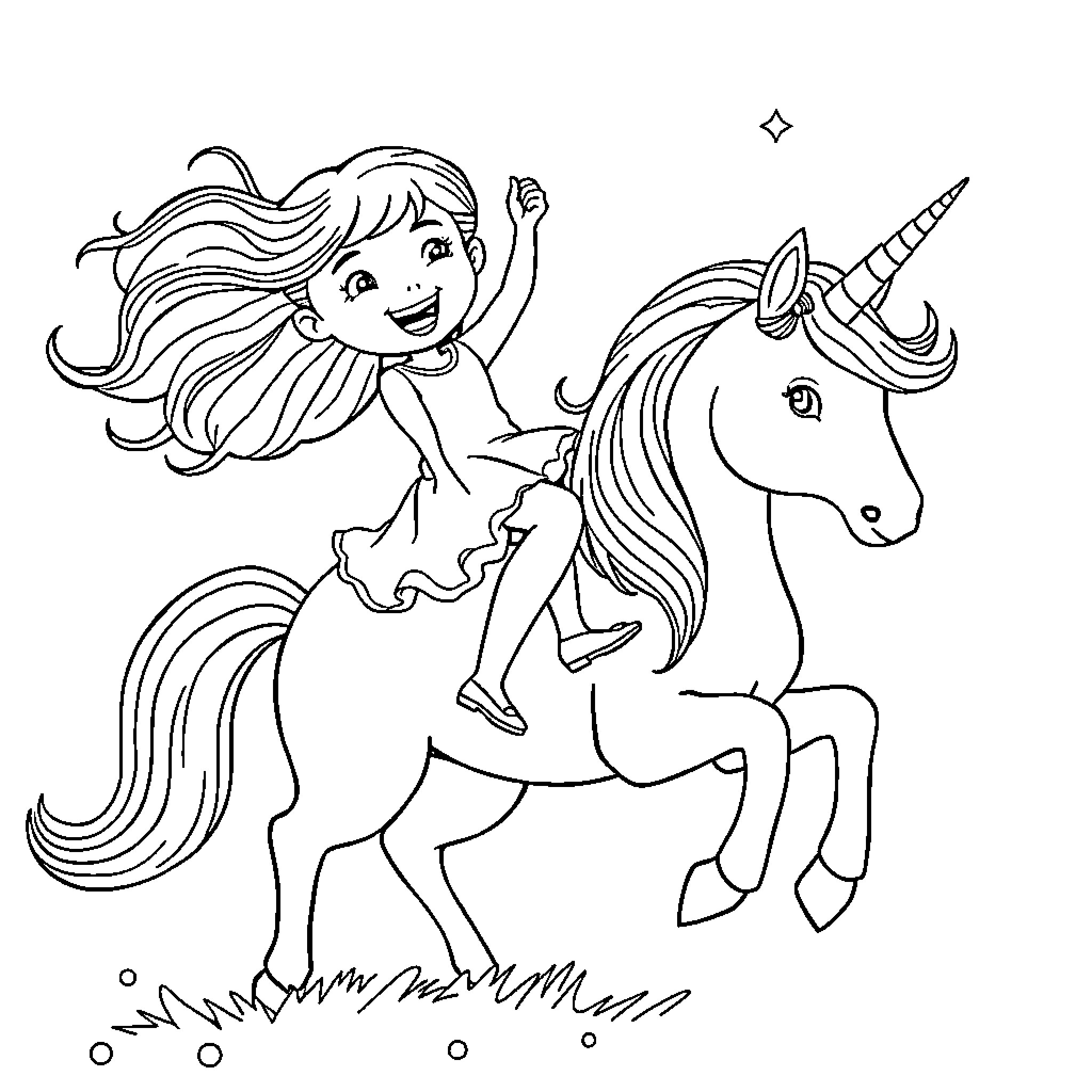 Girl riding a unicorn in a magical scene Coloring Page (free black-and-white line drawing printable PDF for all, from beginners to advanced learners, including children, teens, adults, and seniors)