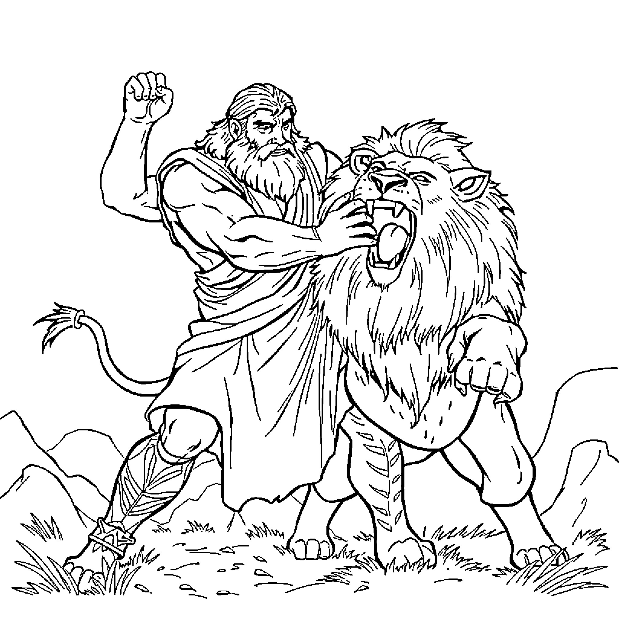 Samson taming the mighty lion with his bare hands Coloring Page (free black-and-white line drawing printable PDF for all, from beginners to advanced learners, including children, teens, adults, and seniors)
