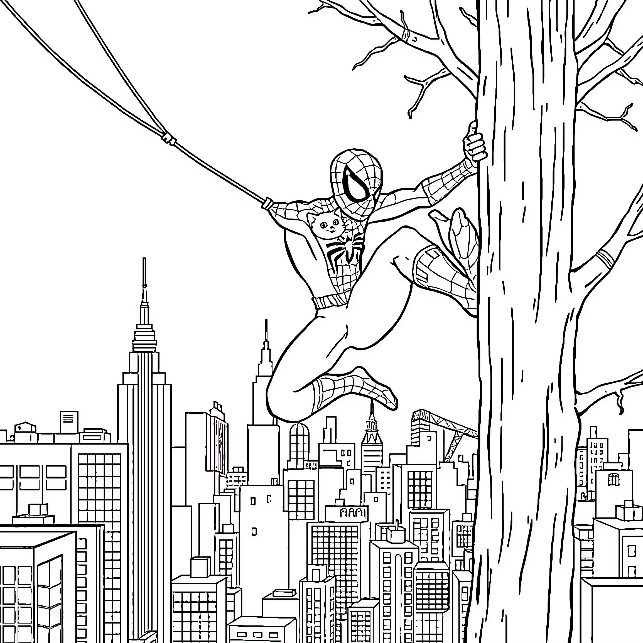 Spider-Man swinging through the city skyline Coloring Page (free black-and-white line drawing printable PDF for all, from beginners to advanced learners, including children, teens, adults, and seniors)