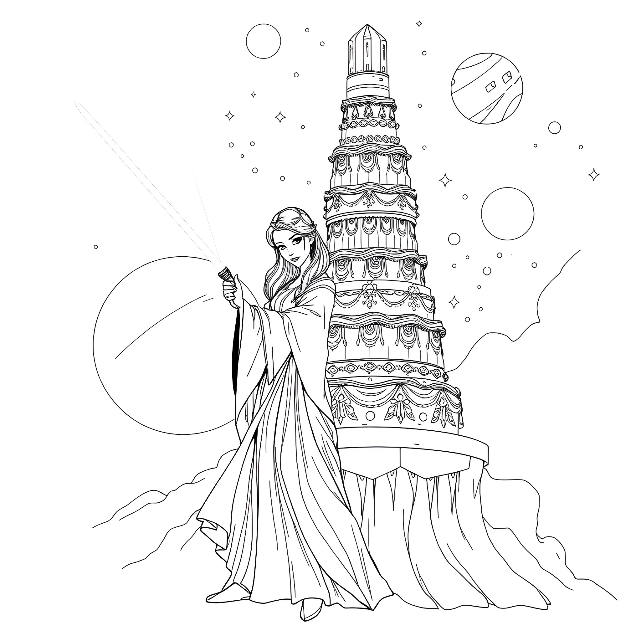 Jedi warrior stands tall amid cosmic wonders Coloring Page (free black-and-white line drawing printable PDF for all, from beginners to advanced learners, including children, teens, adults, and seniors)