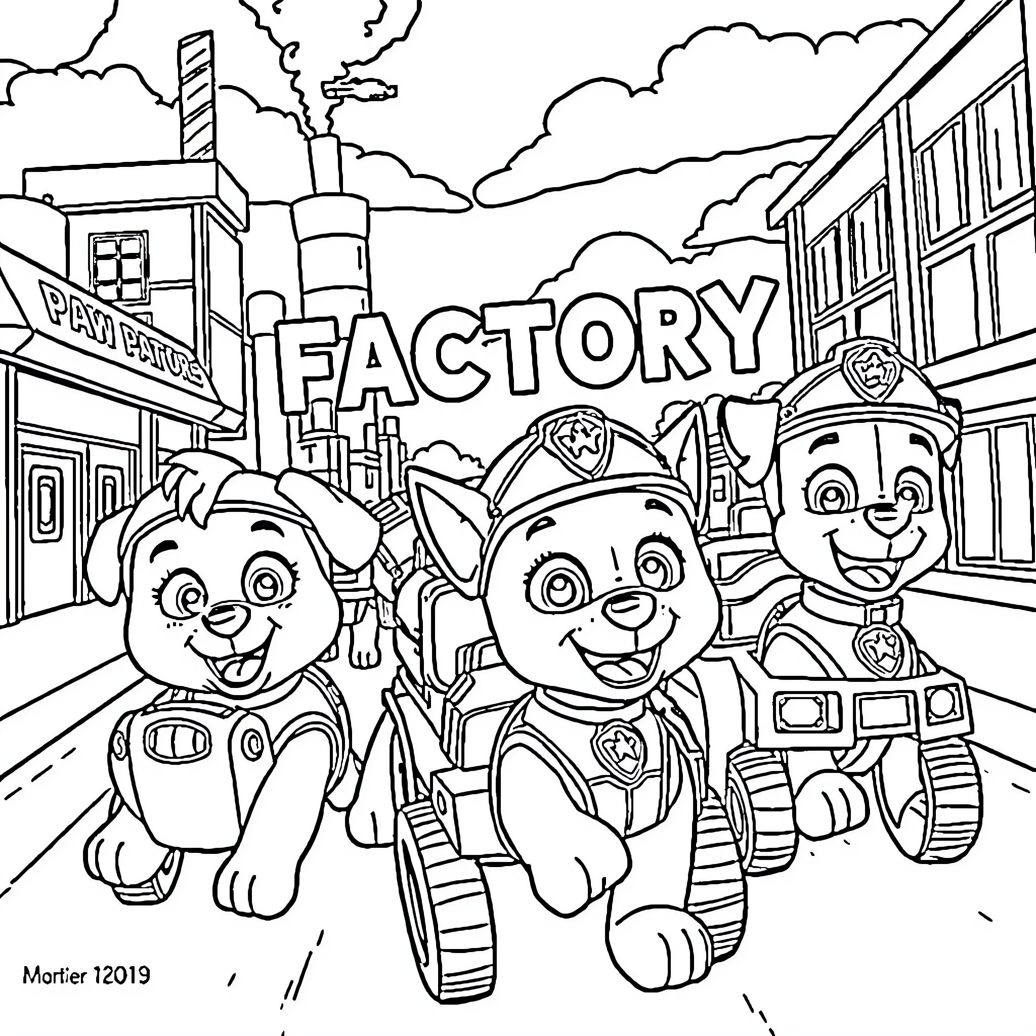 Paw Patrol characters exploring the city factory Coloring Page (free black-and-white line drawing printable PDF for all, from beginners to advanced learners, including children, teens, adults, and seniors)