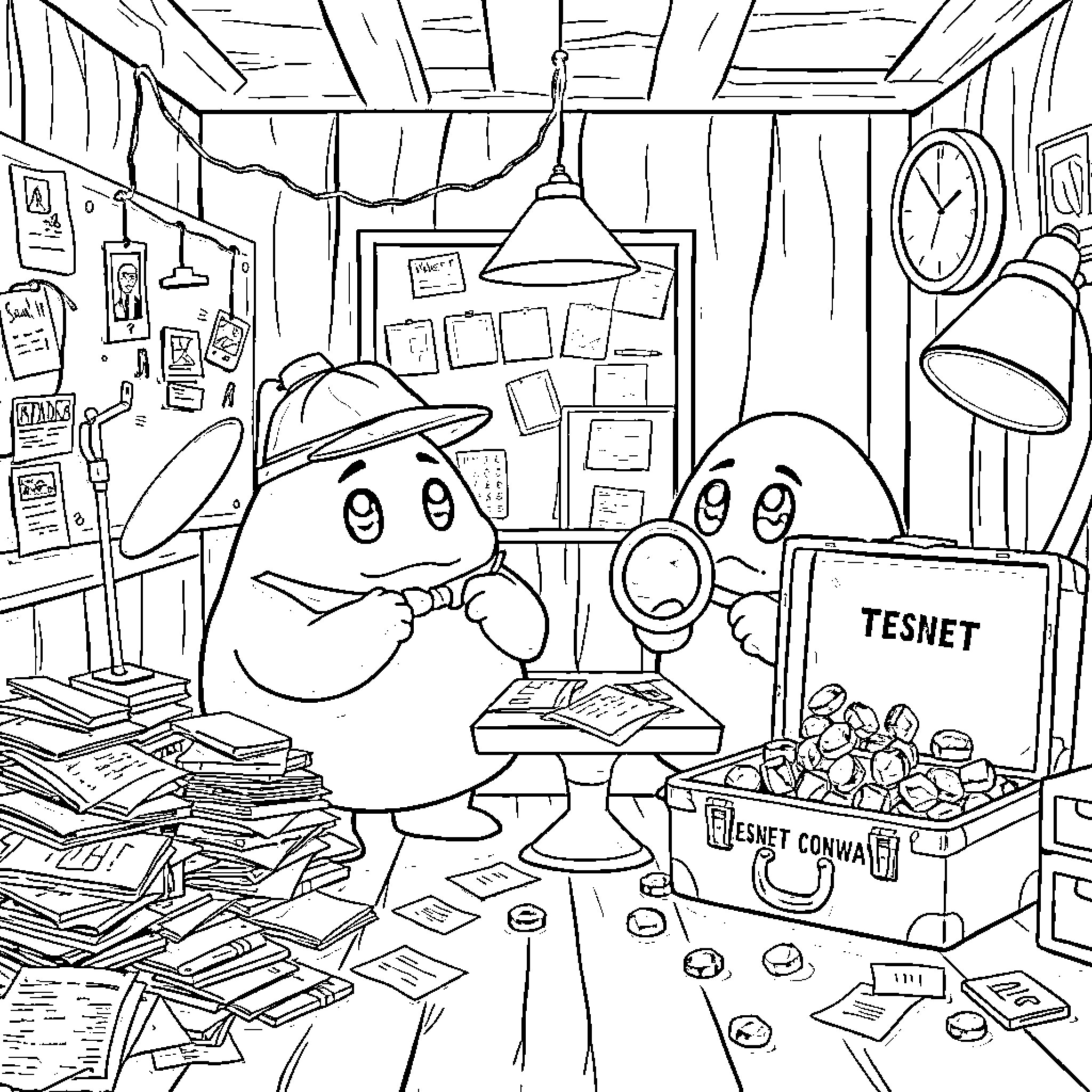 Detective Investigates Cluttered Office Space Coloring Page (free black-and-white line drawing printable PDF for all, from beginners to advanced learners, including children, teens, adults, and seniors)