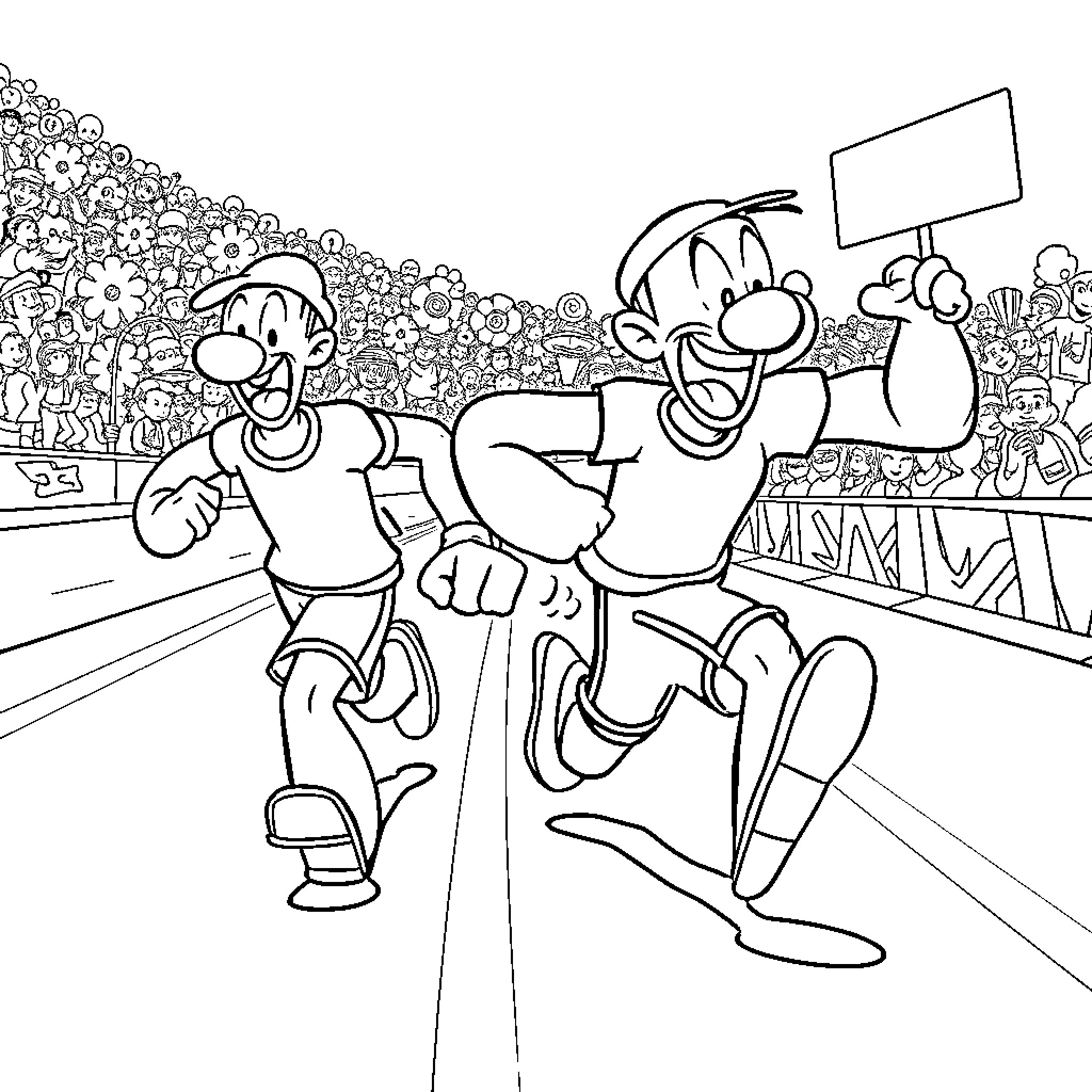 Popeye and Bluto at a sports event Coloring Page (free black-and-white line drawing printable PDF for all, from beginners to advanced learners, including children, teens, adults, and seniors)