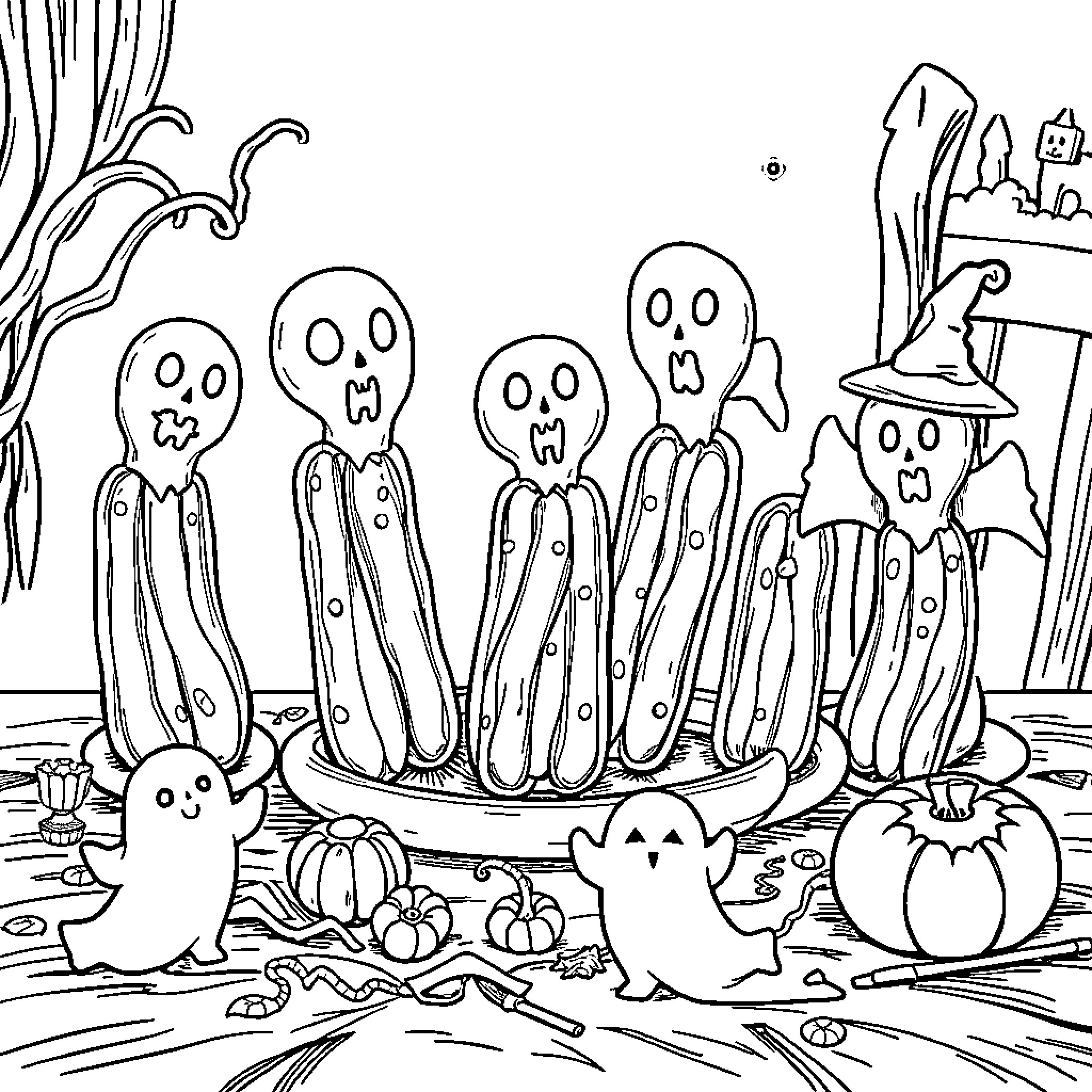 Pickle Spooks and Ghosts in Haunted Graveyard Coloring Page (free black-and-white line drawing printable PDF for all, from beginners to advanced learners, including children, teens, adults, and seniors)