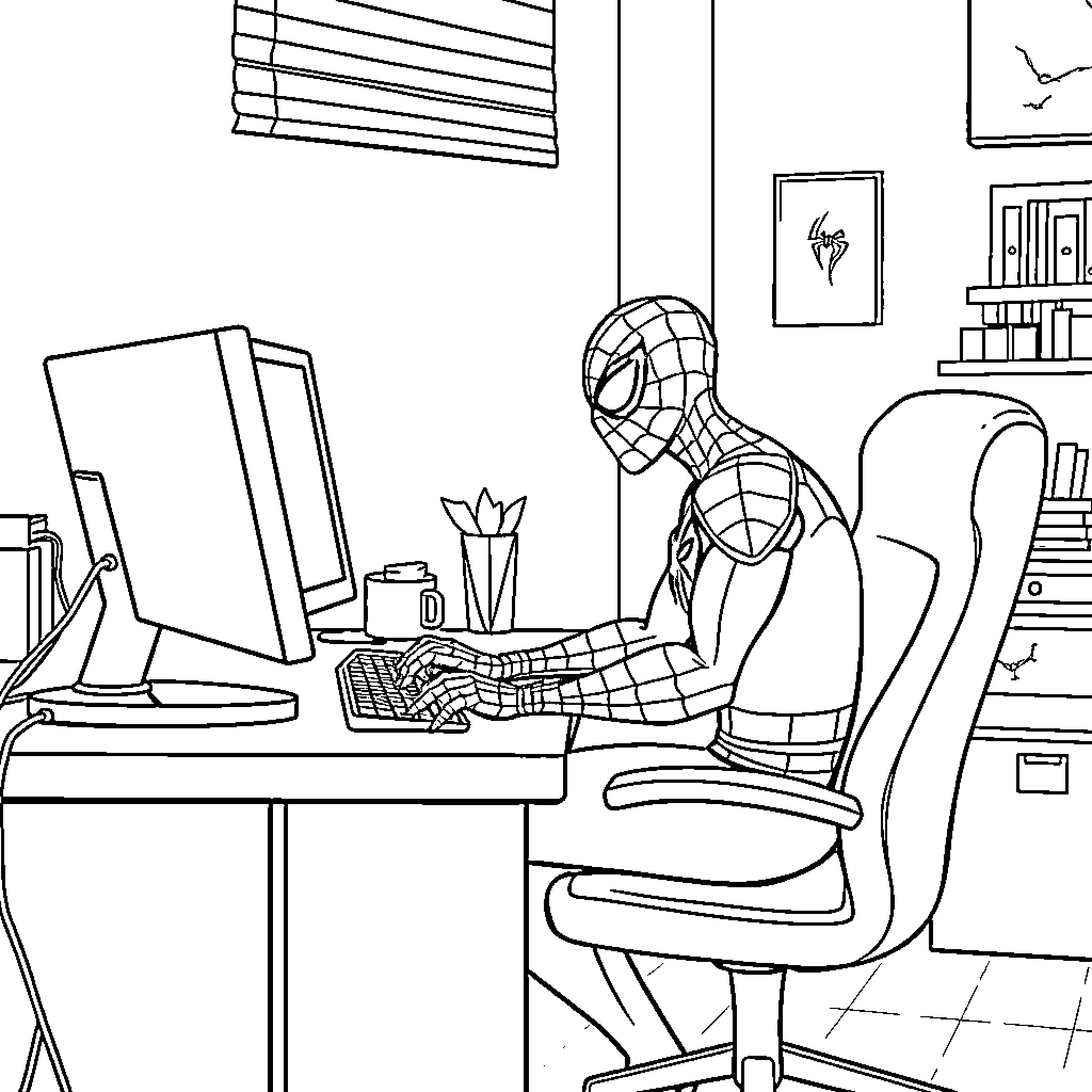 Spiderman working diligently at computer in home office Coloring Page (free black-and-white line drawing printable PDF for all, from beginners to advanced learners, including children, teens, adults, and seniors)