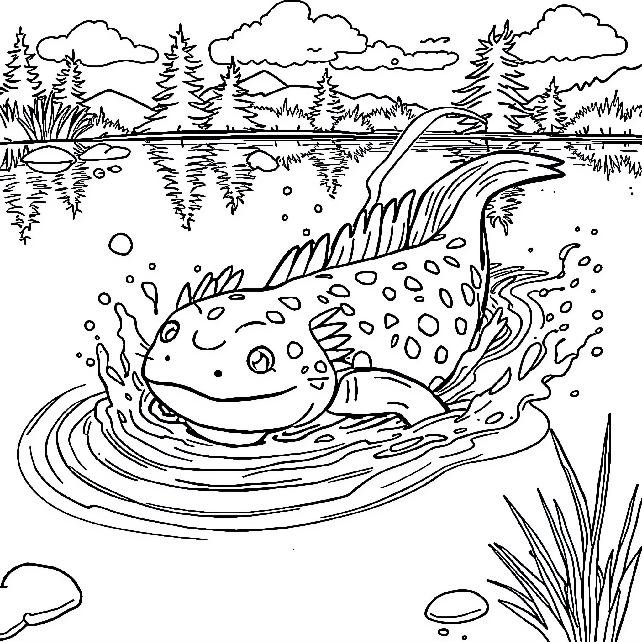 Axolotl swimming in tranquil lake Coloring Page (free black-and-white line drawing printable PDF for all, from beginners to advanced learners, including children, teens, adults, and seniors)