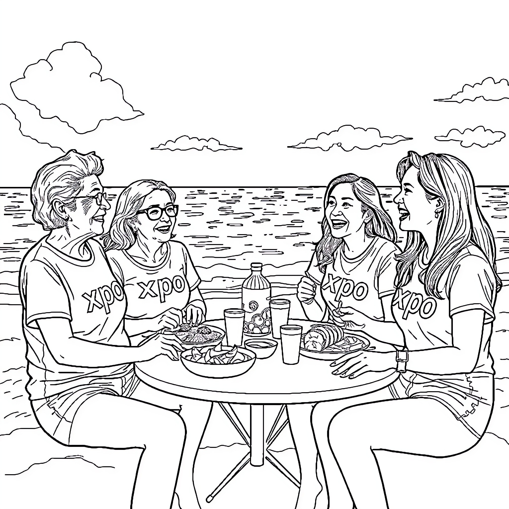 Women enjoying beach picnic together Coloring Page (free black-and-white line drawing printable PDF for all, from beginners to advanced learners, including children, teens, adults, and seniors)