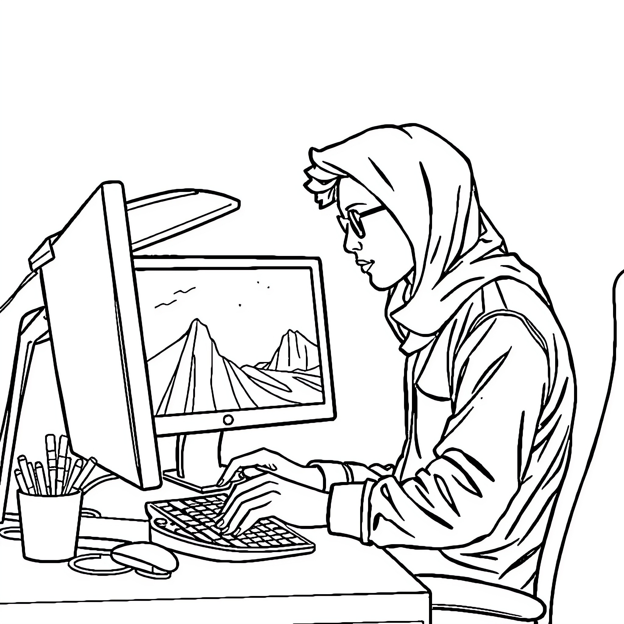 Person working diligently on a computer Coloring Page (free black-and-white line drawing printable PDF for all, from beginners to advanced learners, including children, teens, adults, and seniors)