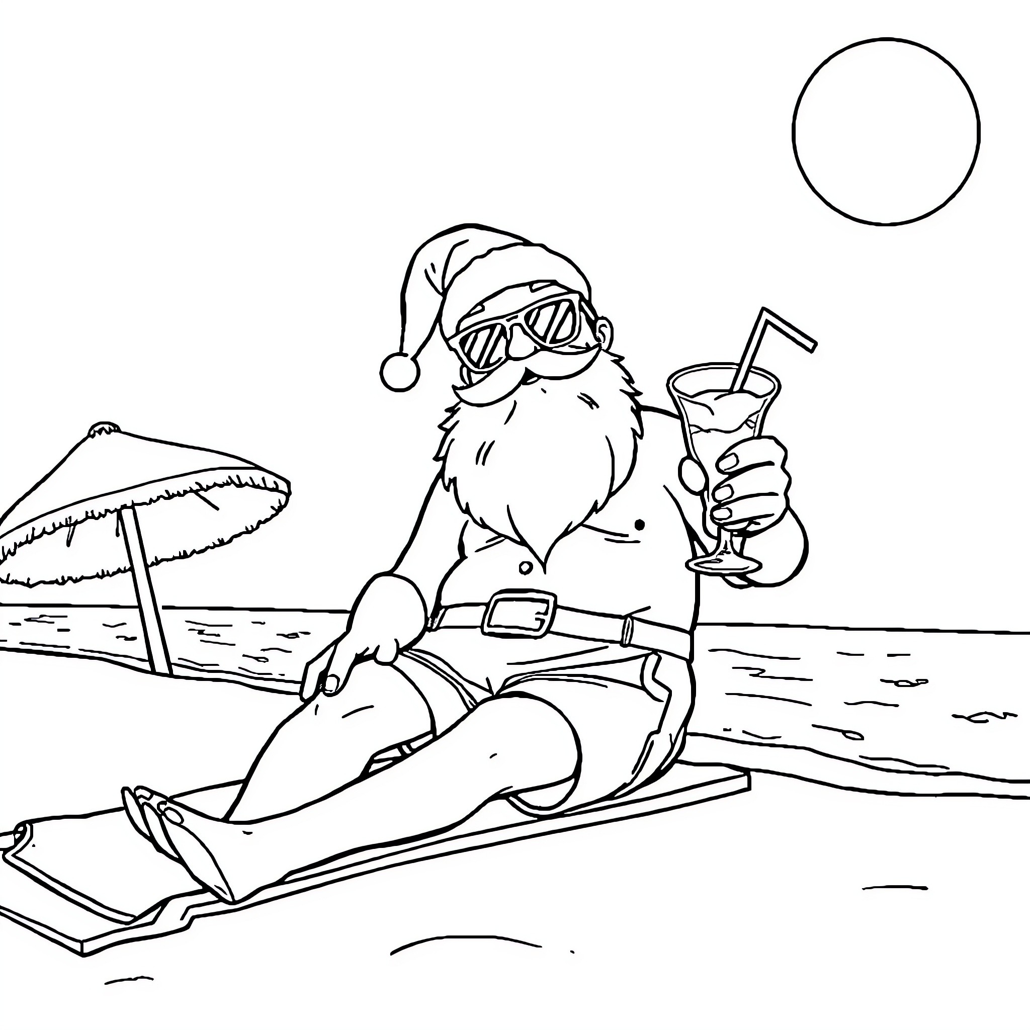 Santa relaxing on the beach with a drink Coloring Page (free black-and-white line drawing printable PDF for all, from beginners to advanced learners, including children, teens, adults, and seniors)