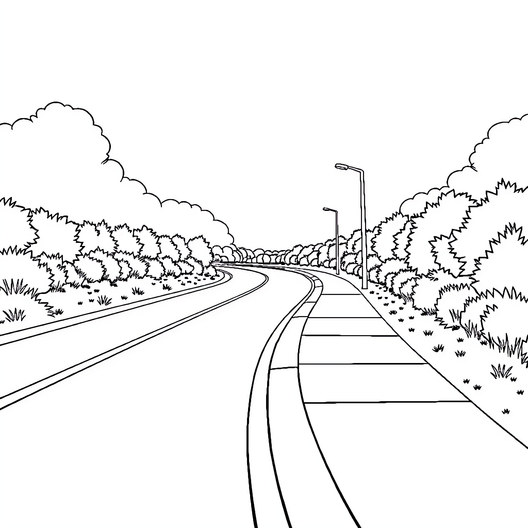 Road Leading Through Lush Greenery and Streetlights Coloring Page (free black-and-white line drawing printable PDF for all, from beginners to advanced learners, including children, teens, adults, and seniors)