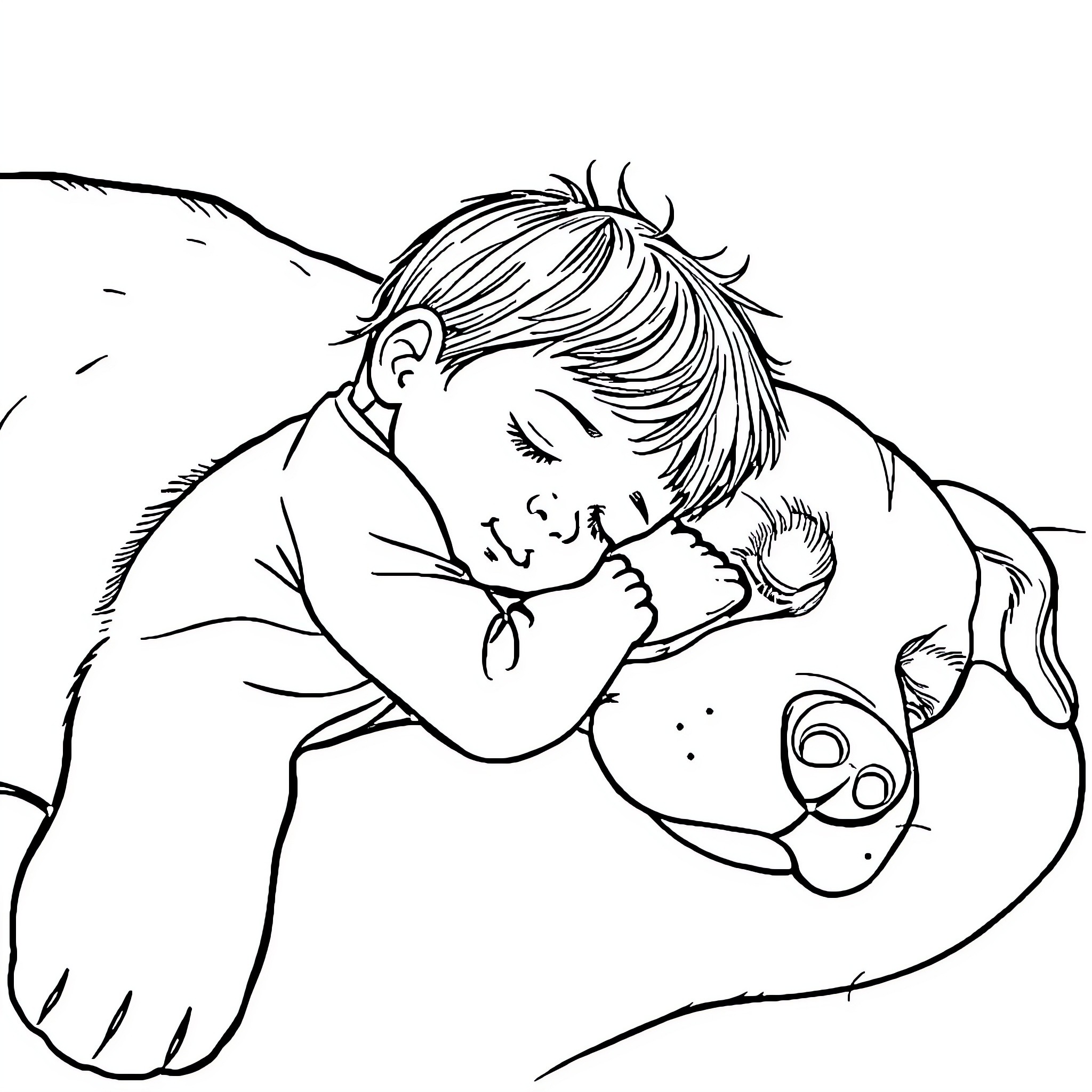 Child sleeping peacefully with stuffed toy Coloring Page (free black-and-white line drawing printable PDF for all, from beginners to advanced learners, including children, teens, adults, and seniors)