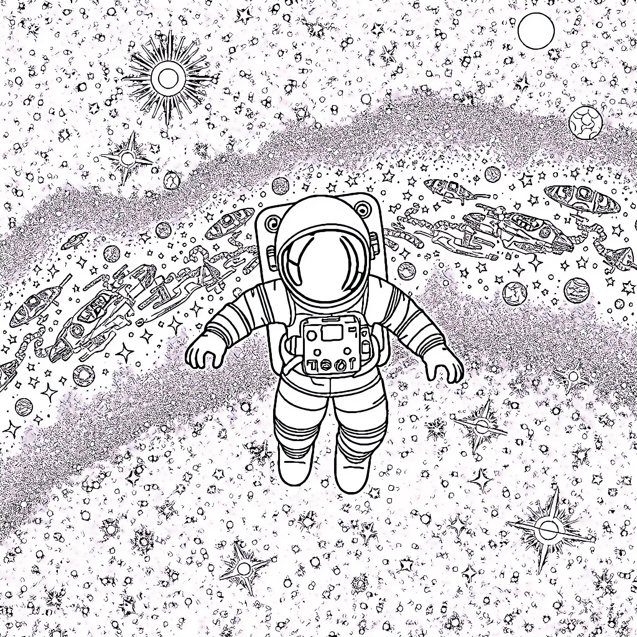 Astronaut exploring the vast cosmos Coloring Page (free black-and-white line drawing printable PDF for all, from beginners to advanced learners, including children, teens, adults, and seniors)