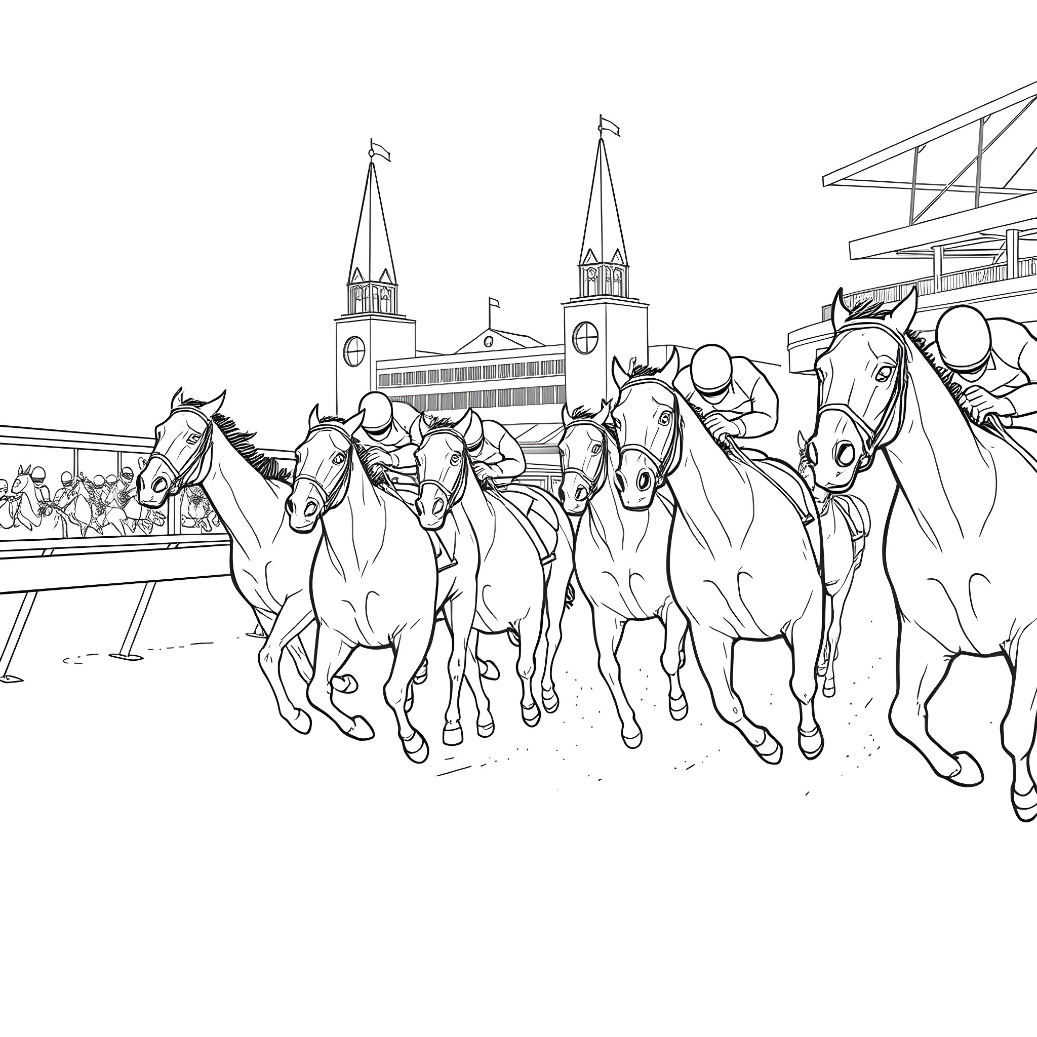 Horse race with jockeys on track Coloring Page (free black-and-white line drawing printable PDF for all, from beginners to advanced learners, including children, teens, adults, and seniors)