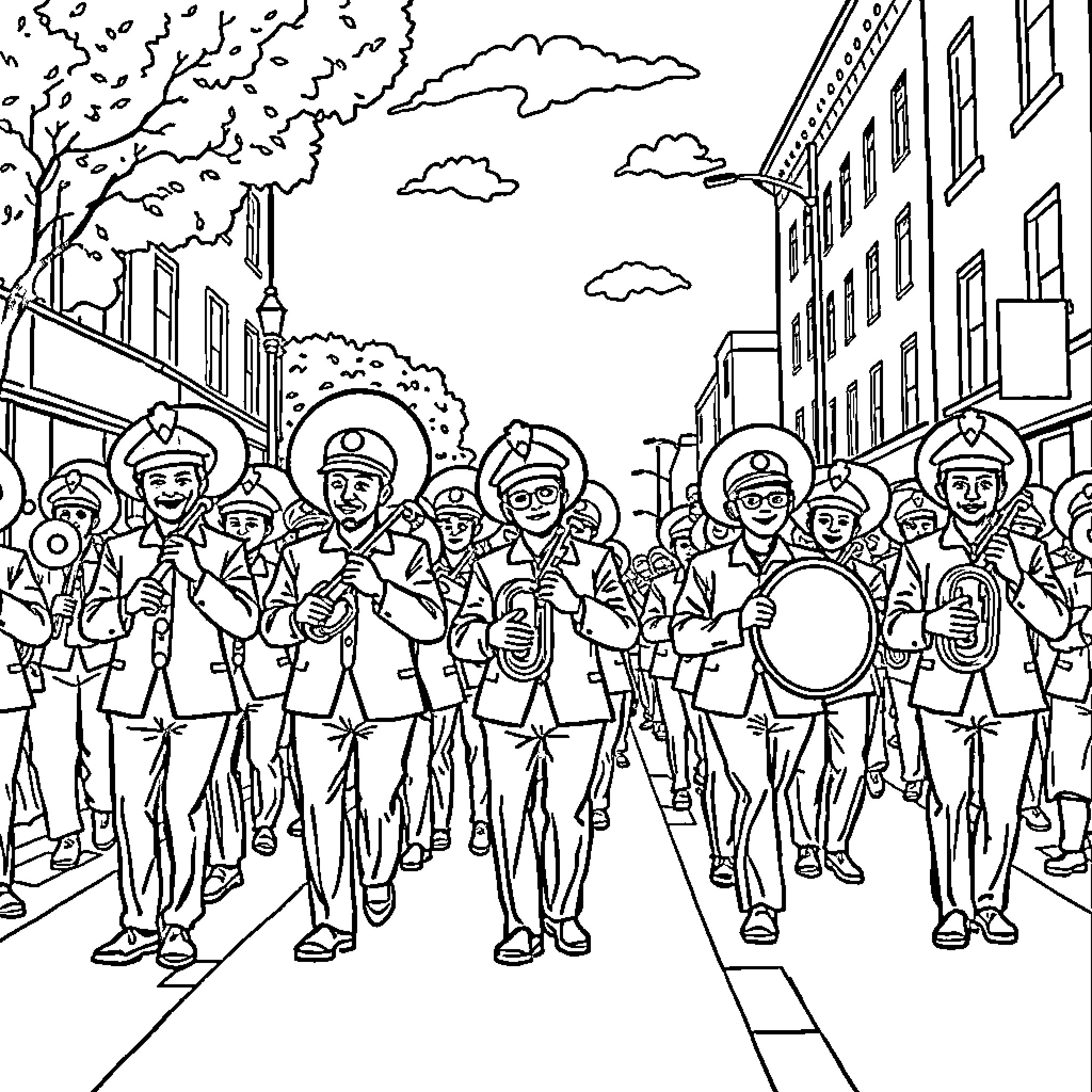 Band marching down the street in celebration Coloring Page (free black-and-white line drawing printable PDF for all, from beginners to advanced learners, including children, teens, adults, and seniors)