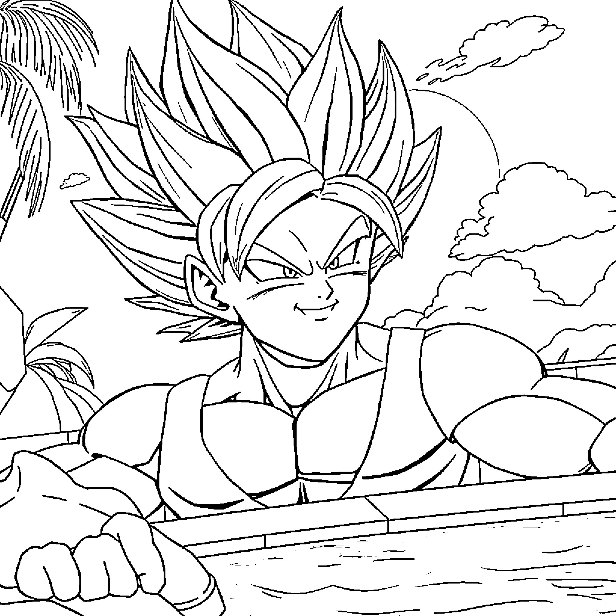 Super Saiyan Blue Warrior Facing the Horizon Coloring Page (free black-and-white line drawing printable PDF for all, from beginners to advanced learners, including children, teens, adults, and seniors)