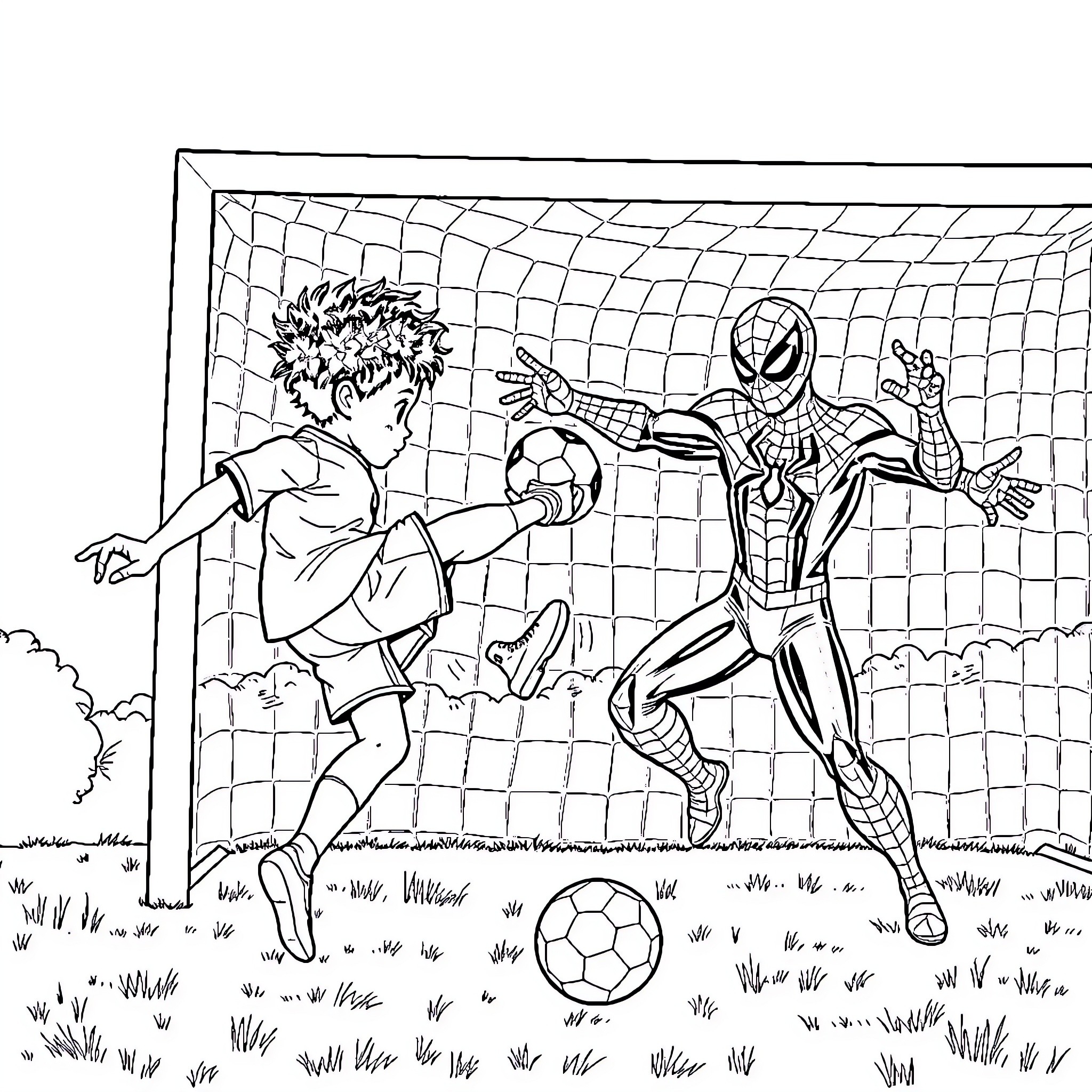 Boy plays soccer with a superhero Coloring Page (free black-and-white line drawing printable PDF for all, from beginners to advanced learners, including children, teens, adults, and seniors)