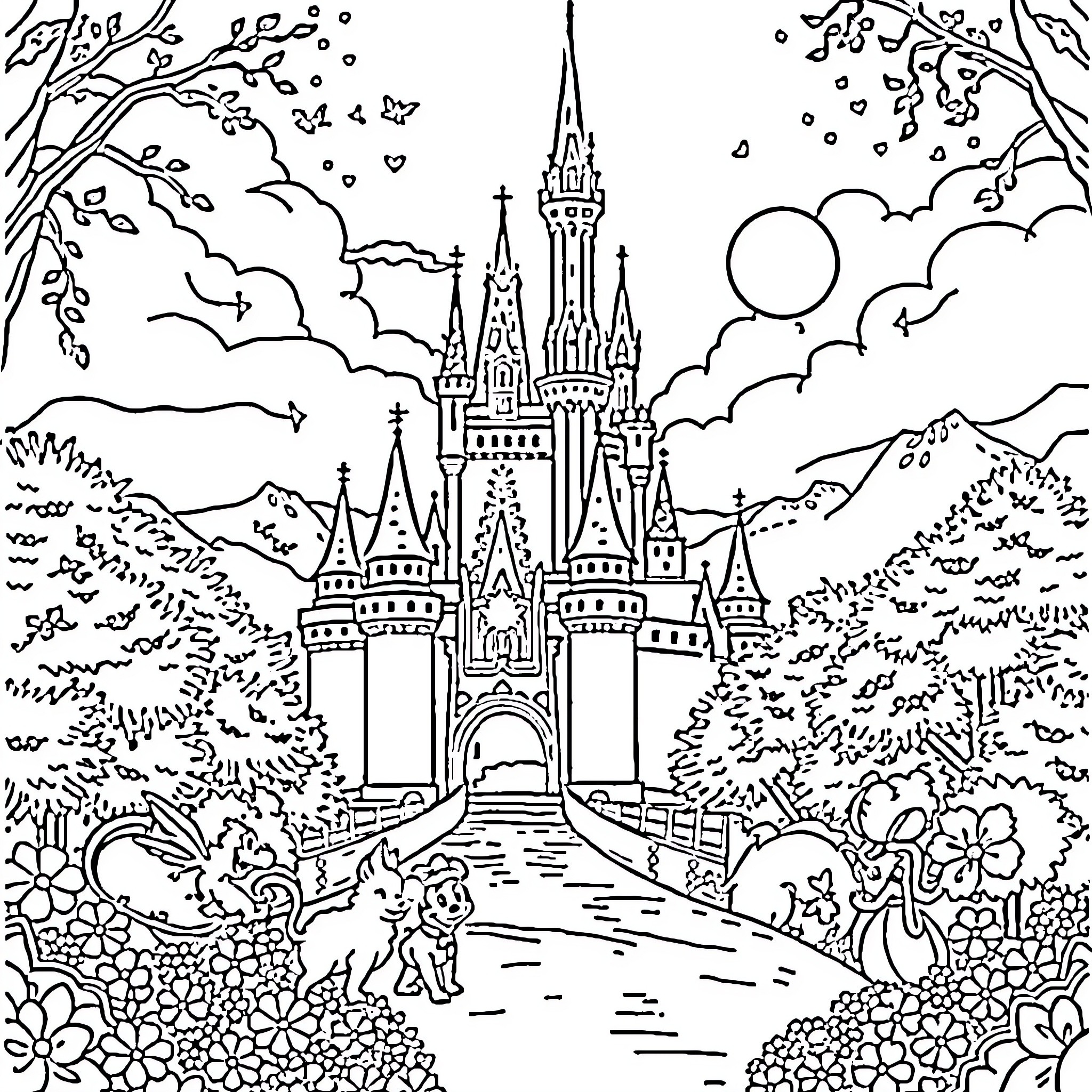 Disney Castle in a Magical Landscape Coloring Page (free black-and-white line drawing printable PDF for all, from beginners to advanced learners, including children, teens, adults, and seniors)
